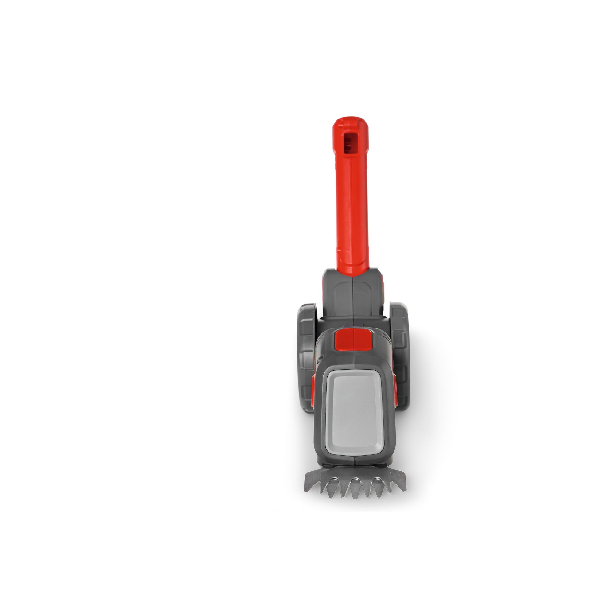 A front view of a WOLFGarten garden tool with a red handle, grey body, and two wheels, designed for lawn care or gardening.