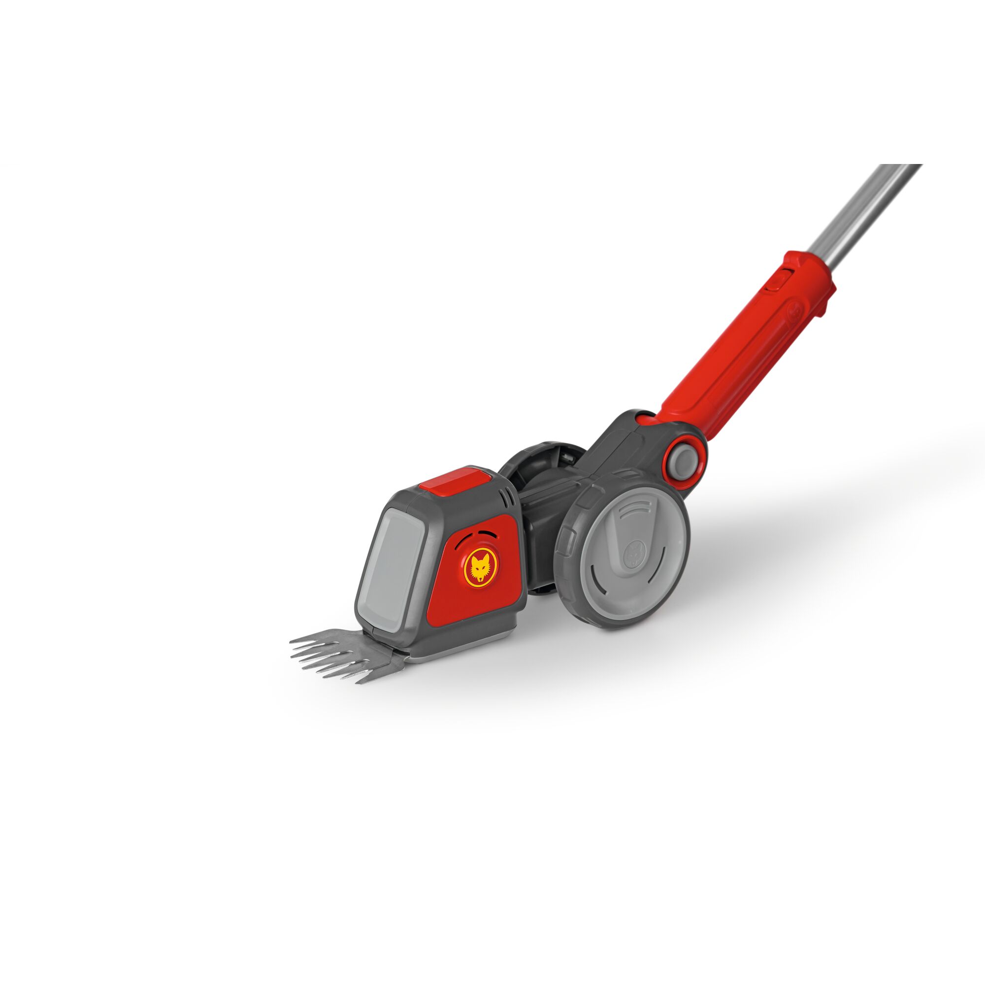 A close-up of a WOLFGarten cordless grass shear with a telescopic handle and wheels, featuring a red and gray design.