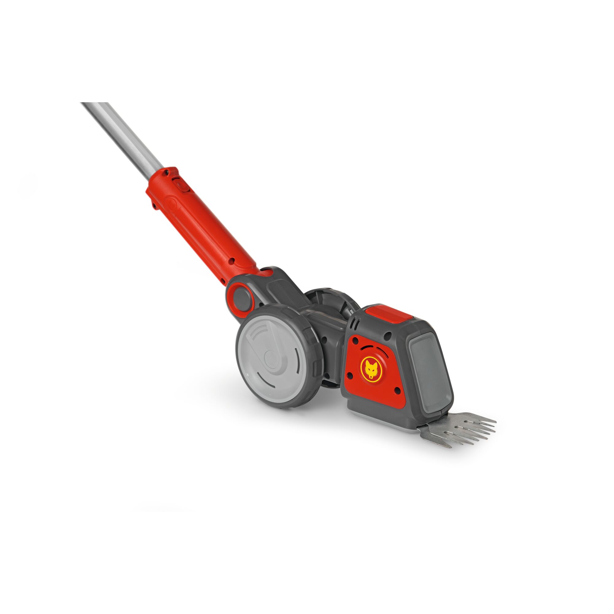 A close-up view of a red and grey garden tool with a metal blade and wheels, used for lawn or grass trimming. The device has a logo on its side and a telescopic handle.