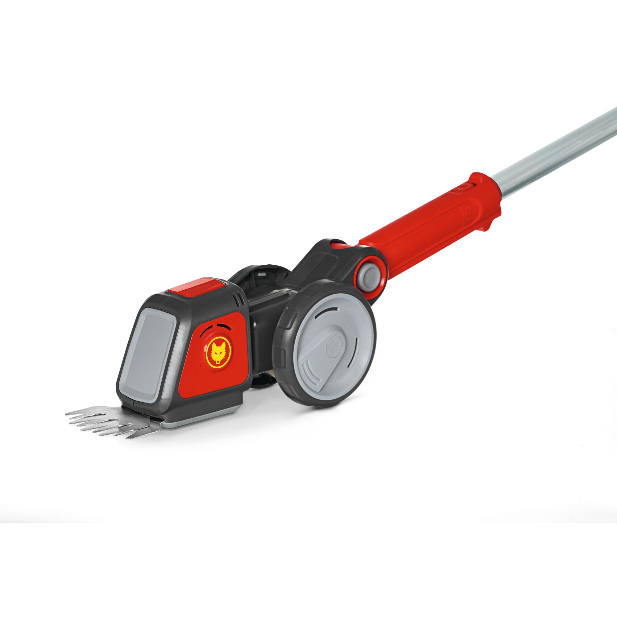 A close-up image of a WOLFGarten garden tool with a long handle, grey and red coloring, and wheels. The tool is designed for trimming or cutting grass edges, featuring a set of metal blades on the front.