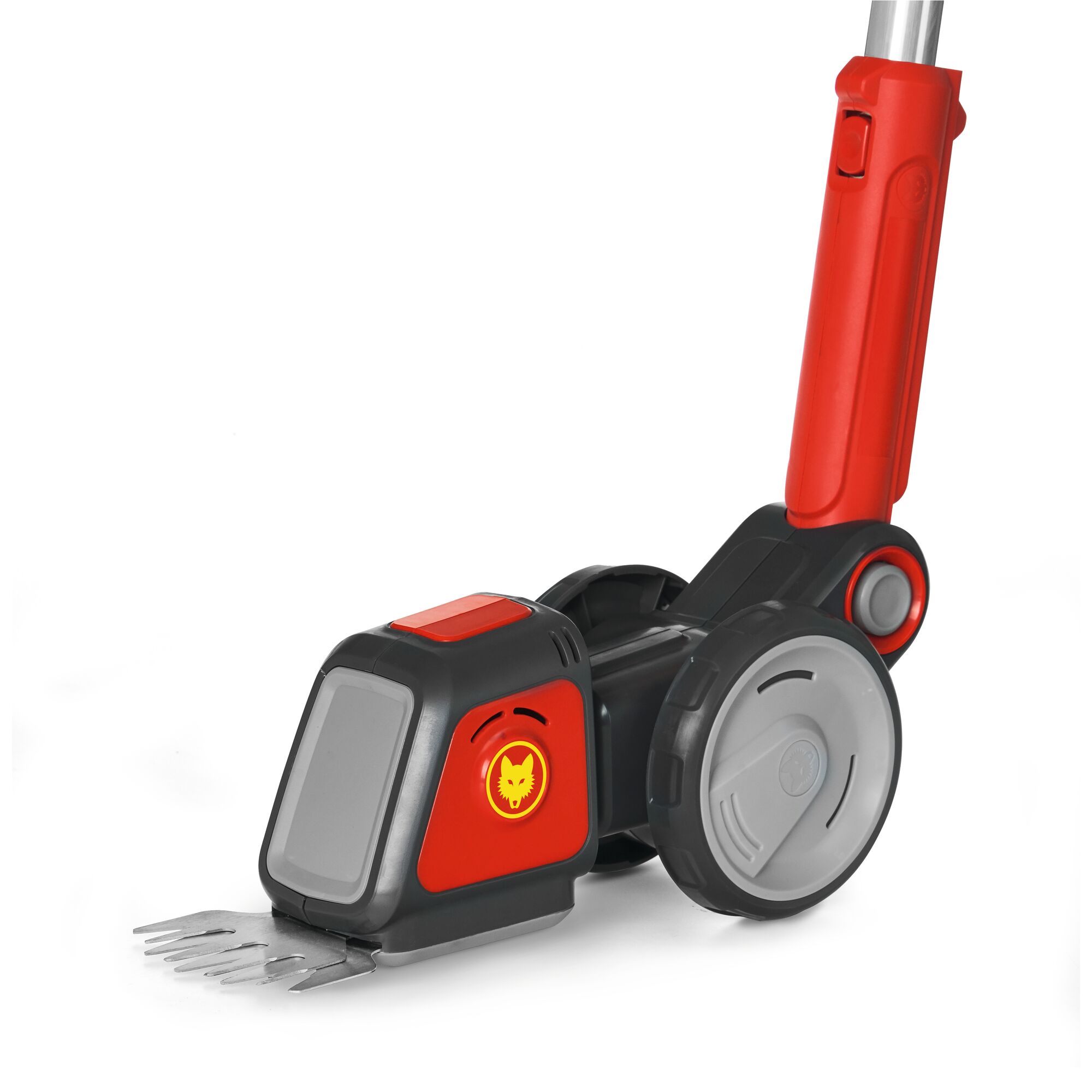 A close-up image of a WOLFGarten garden tool with wheels and a metal trimming blade, designed for lawn and edge maintenance. The tool features a red and black color scheme with the WOLFGarten logo.