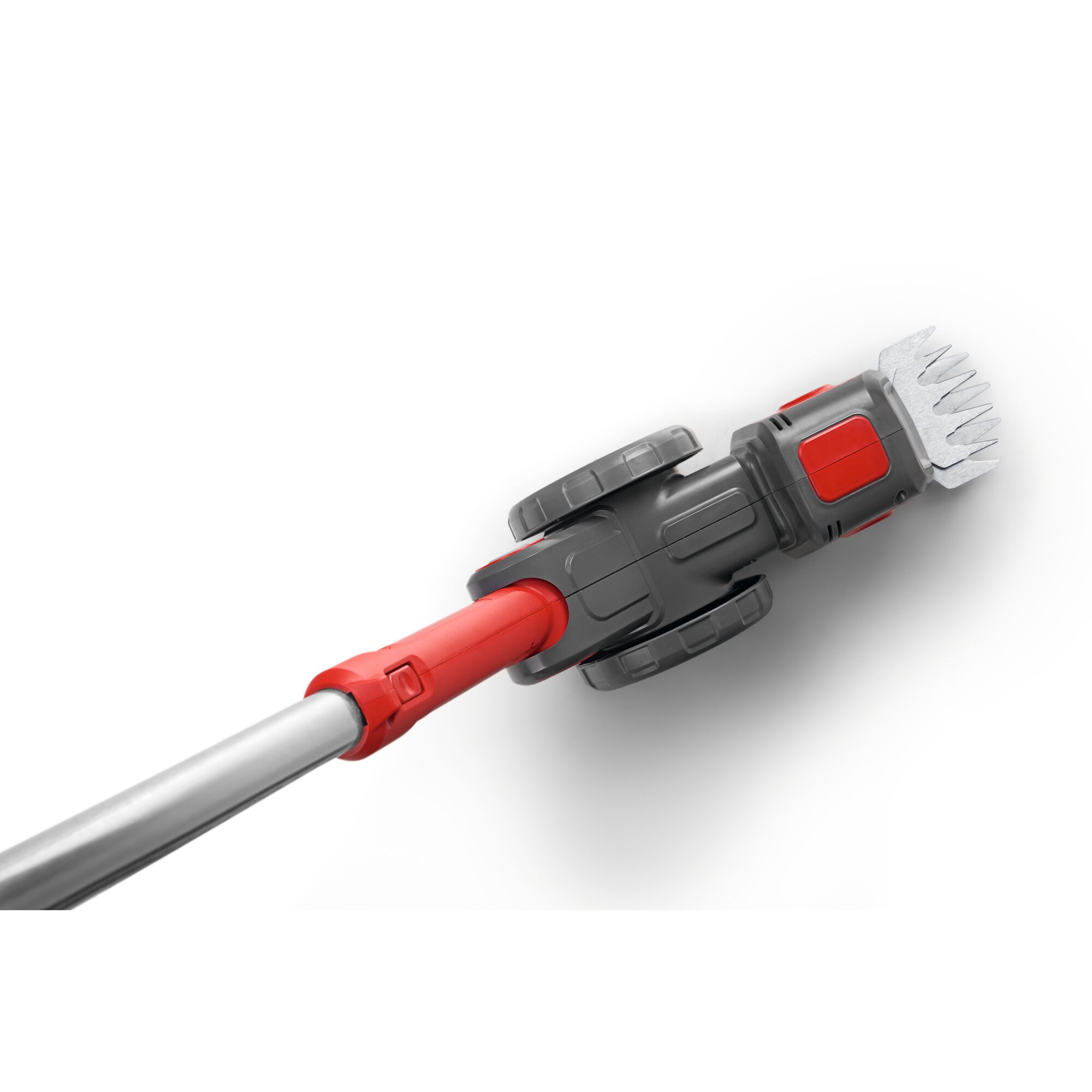 Close-up view of a WOLFGarten photography product featuring a grey and red tool with wheels and a serrated metal blade attachment.