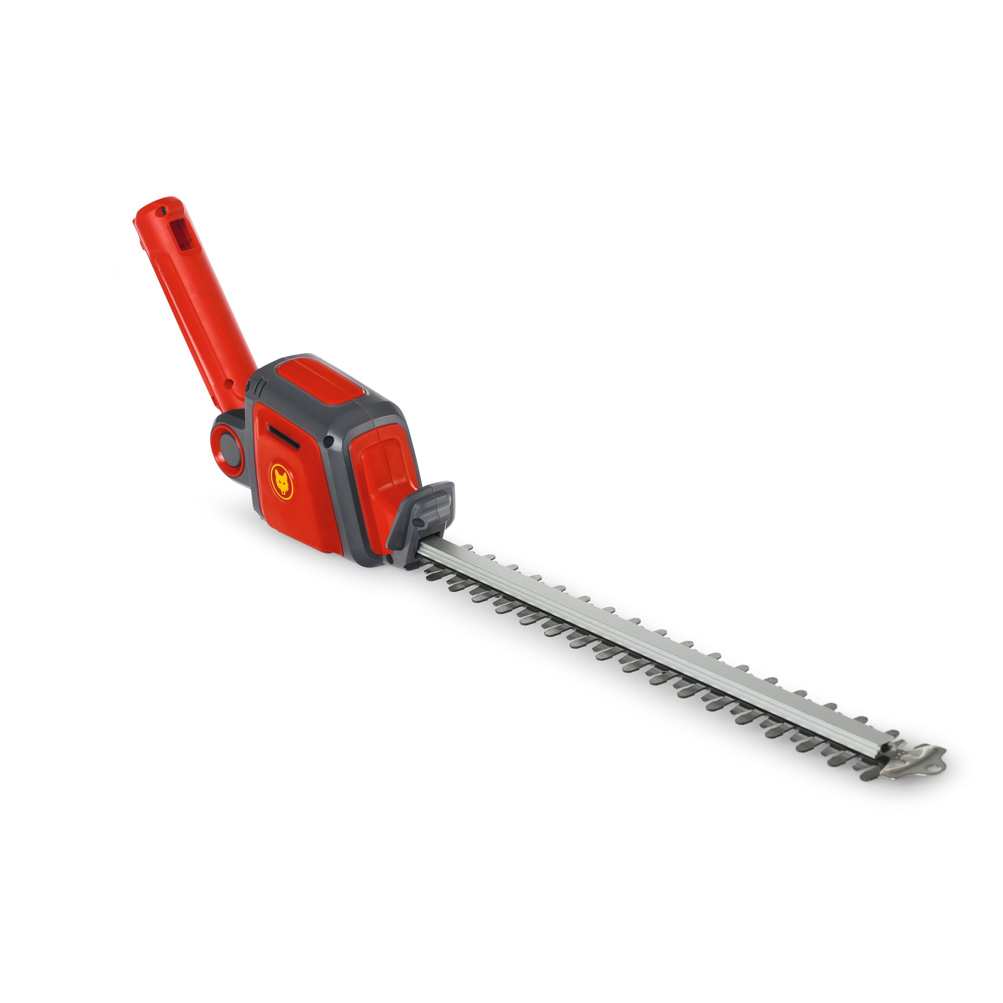 A red and black electric hedge trimmer with a long blade, shown on a white background.