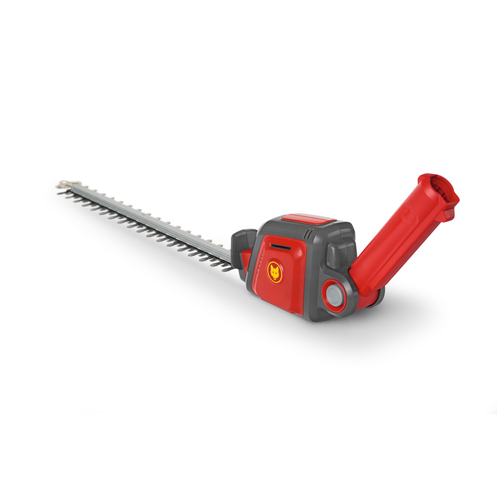 A WOLFGarten hedge trimmer attachment with a red and grey design and a long blade, shown on a white background.