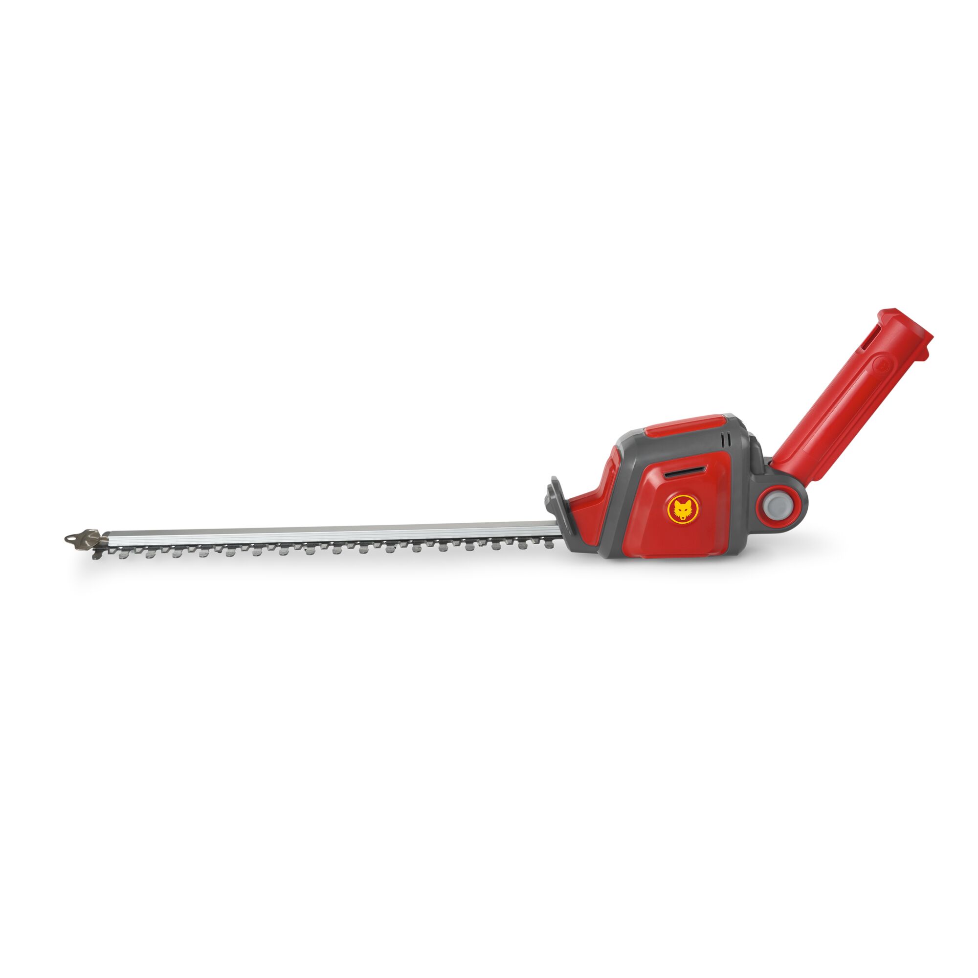 A red and grey electric hedge trimmer with a long blade and a handle, shown against a white background.