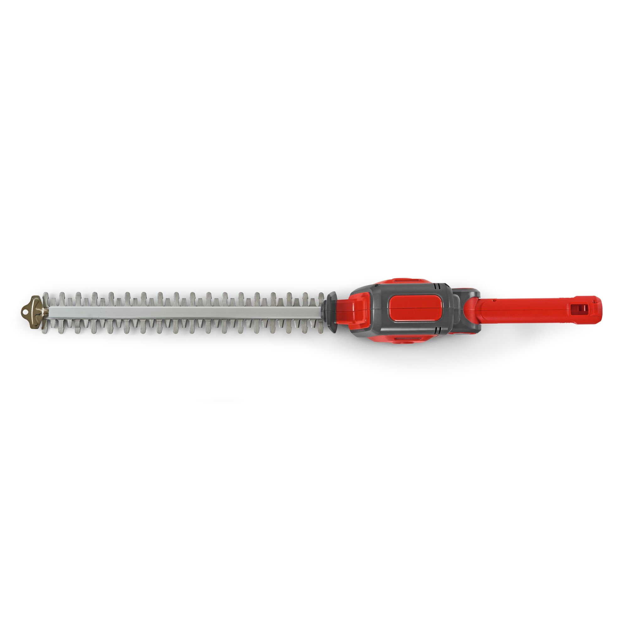A red and grey electric hedge trimmer with a long blade, shown on a white background.