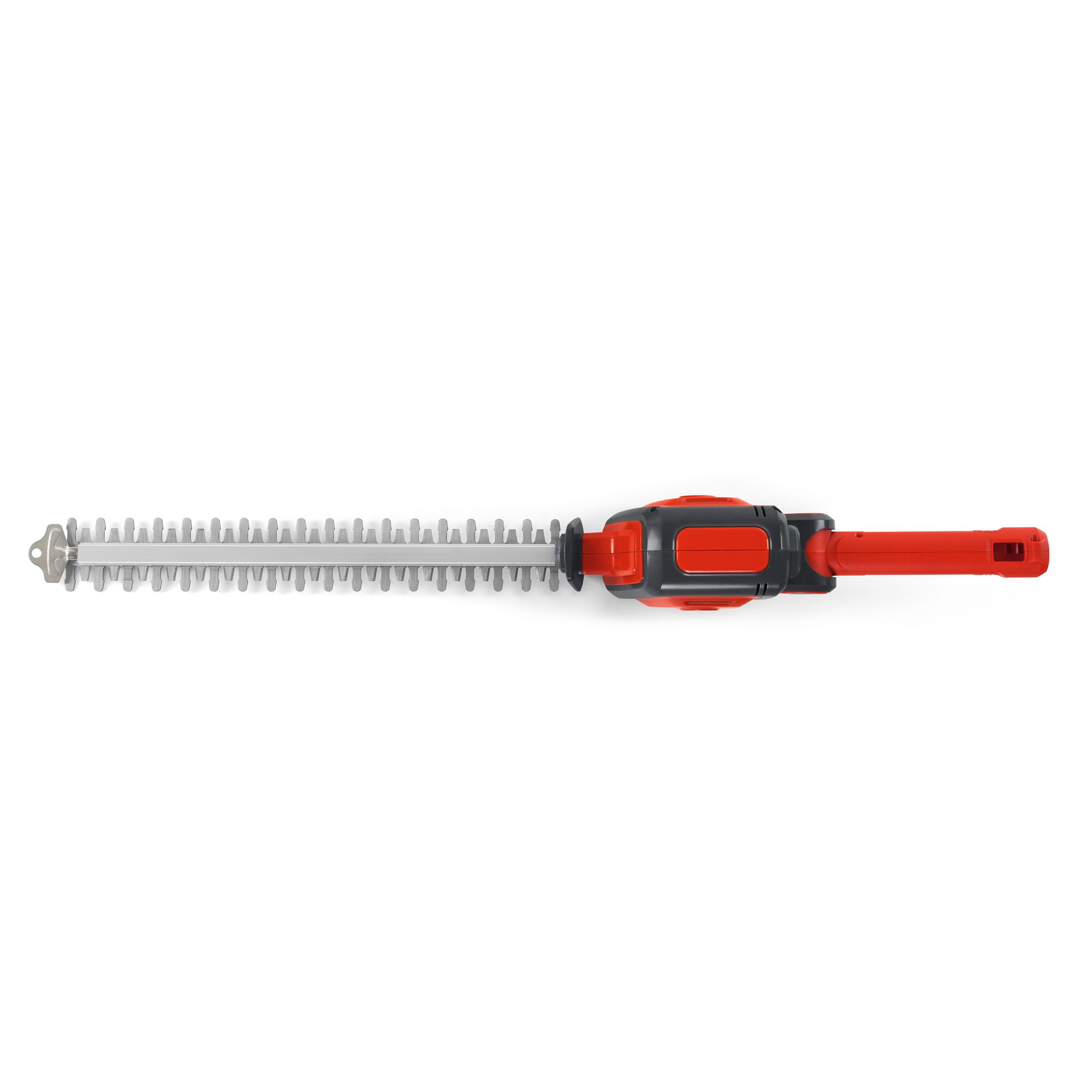 A red and grey hedge trimmer attachment with a long blade, viewed from above against a white background.