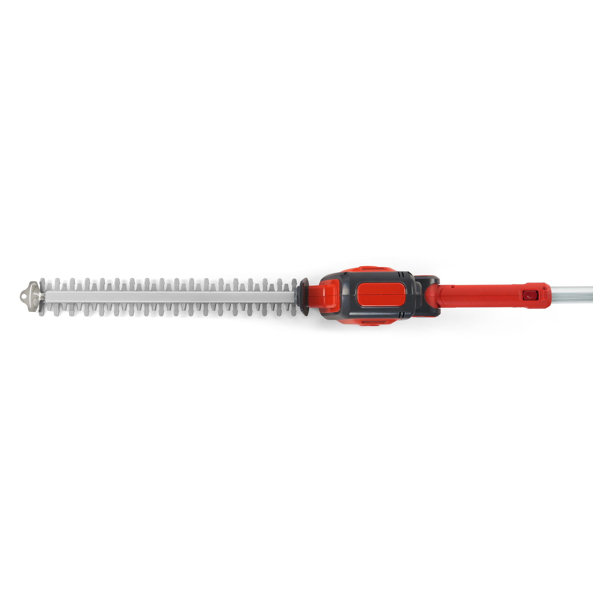 A red and grey electric hedge trimmer attachment with a long blade and handle, shown against a white background.