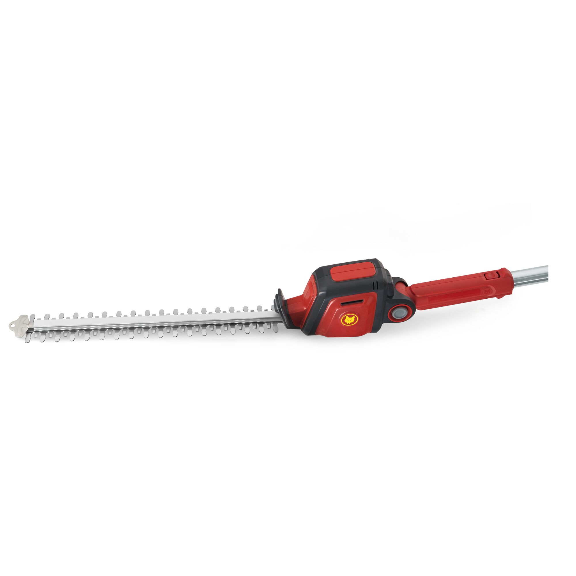 A red and black hedge trimmer attachment with a metal blade, designed for use with garden tools. The product is photographed on a white background.