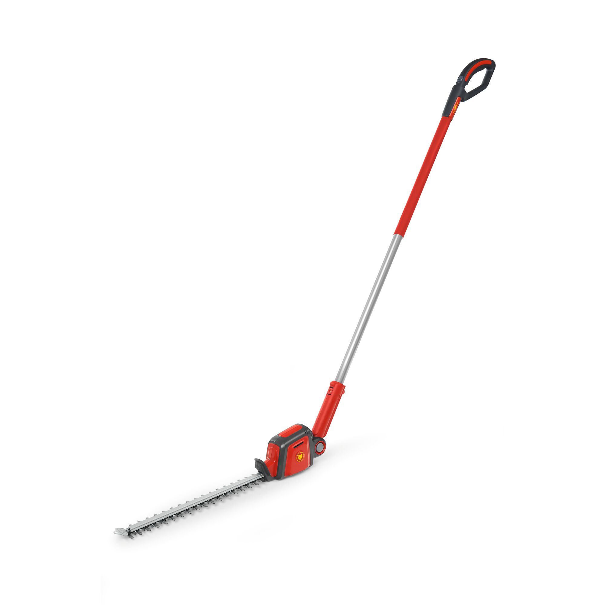 Battery-powered hedge trimmer with a long handle, featuring a red and silver design, suitable for gardening tasks.