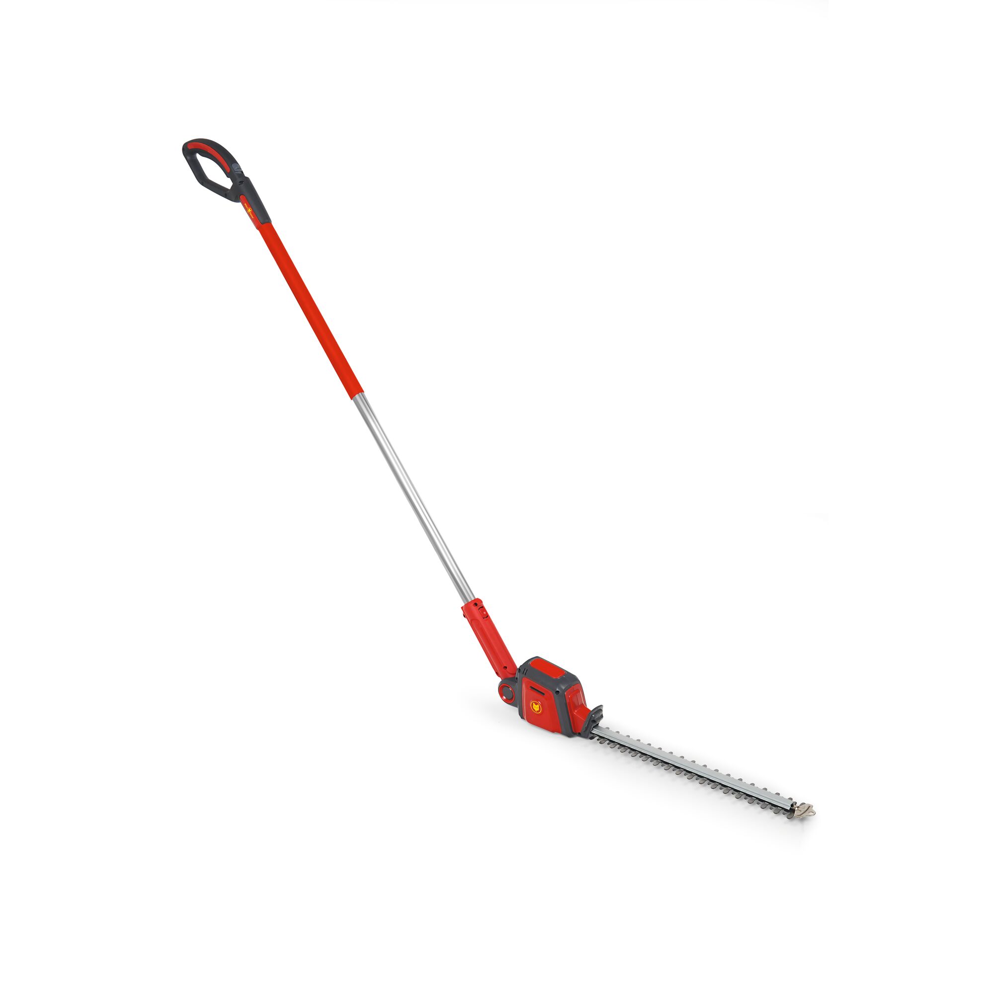 A long-handled electric hedge trimmer with a red and silver body and a black handle, designed for trimming hedges and bushes.