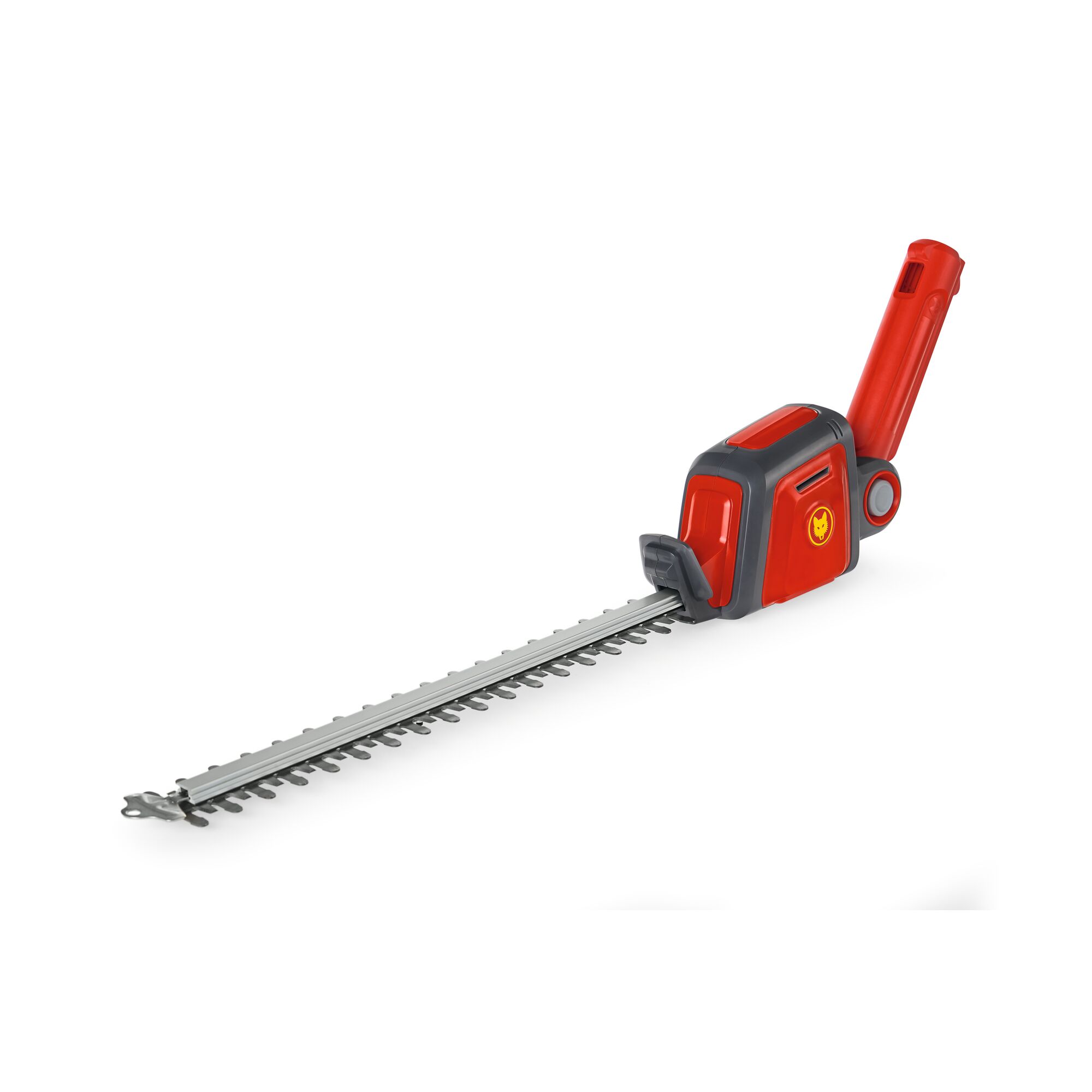 A red and grey hedge trimmer attachment with a long, serrated cutting blade and a handle. The product is designed for garden maintenance.