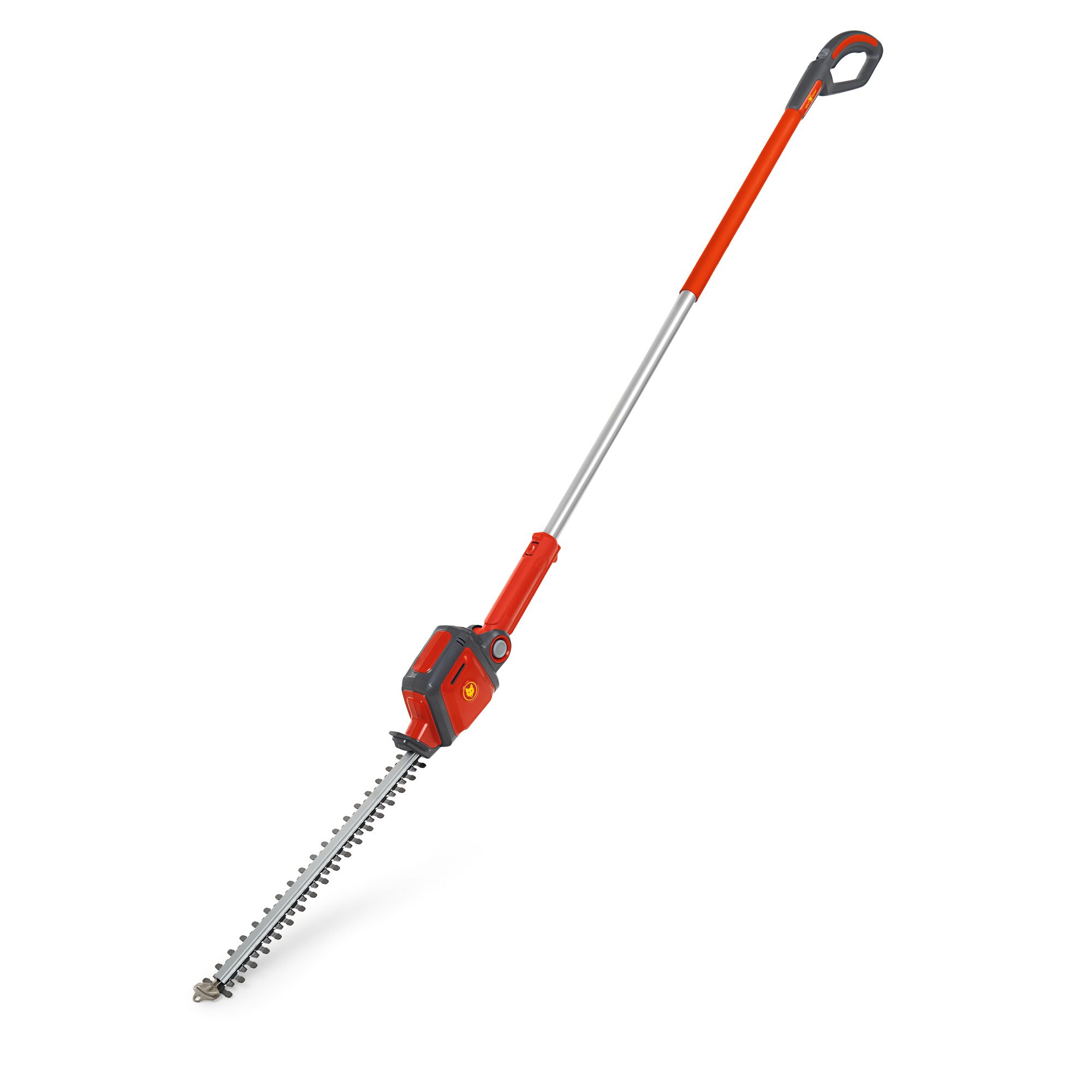 A pole hedge trimmer in red and silver colors, designed for extended reach and trimming hedges at height.