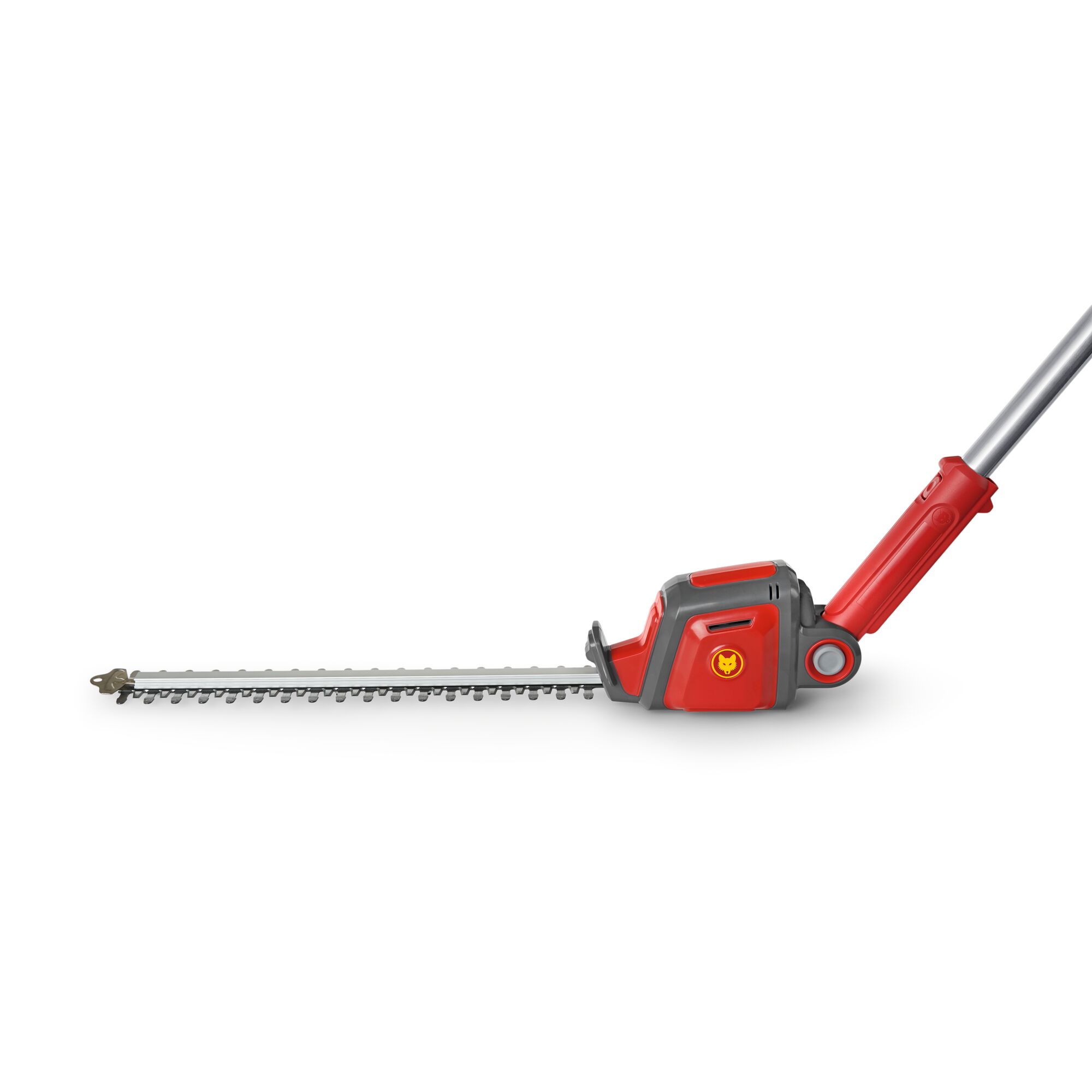 A red and grey electric hedge trimmer attachment with a long blade, designed to connect to a telescopic pole for extended reach. The product is shown against a plain white background.
