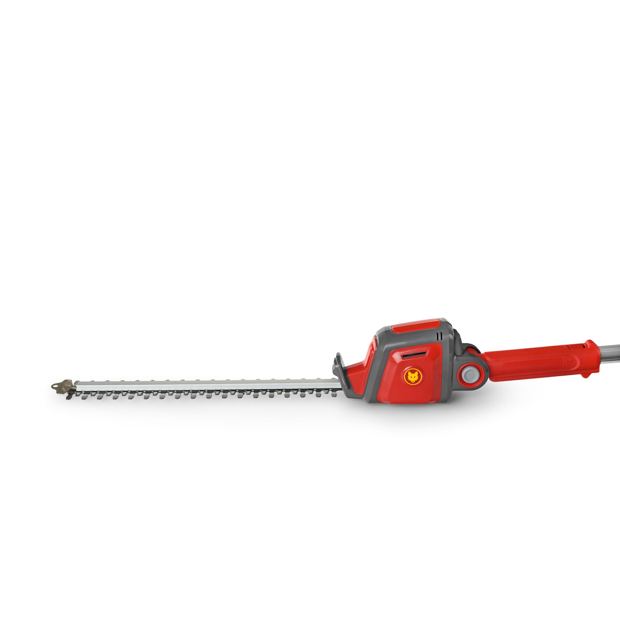A red and grey electric hedge trimmer with a long blade and ergonomic handle, photographed against a white background.