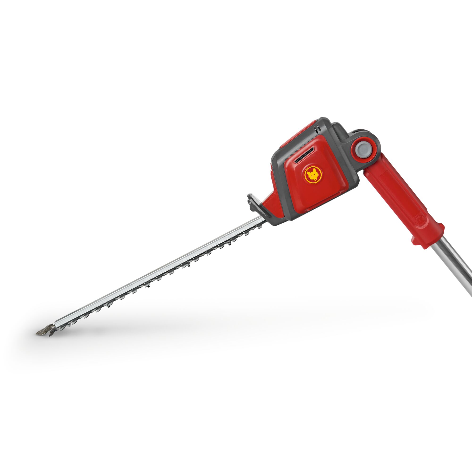 A WOLFGarten telescopic red and grey electric hedge trimmer with a long blade and adjustable handle, designed for pruning tall hedges.