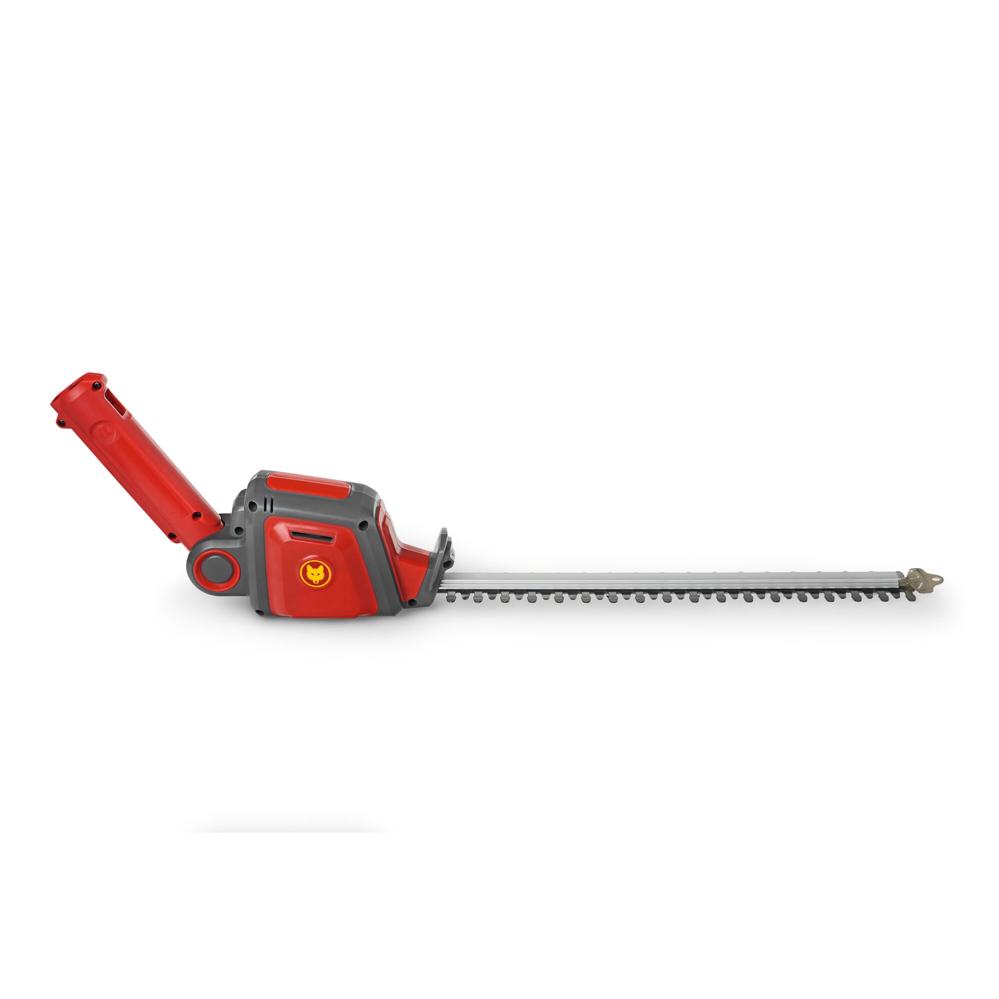 A red and grey electric hedge trimmer with a long blade, shown against a white background.