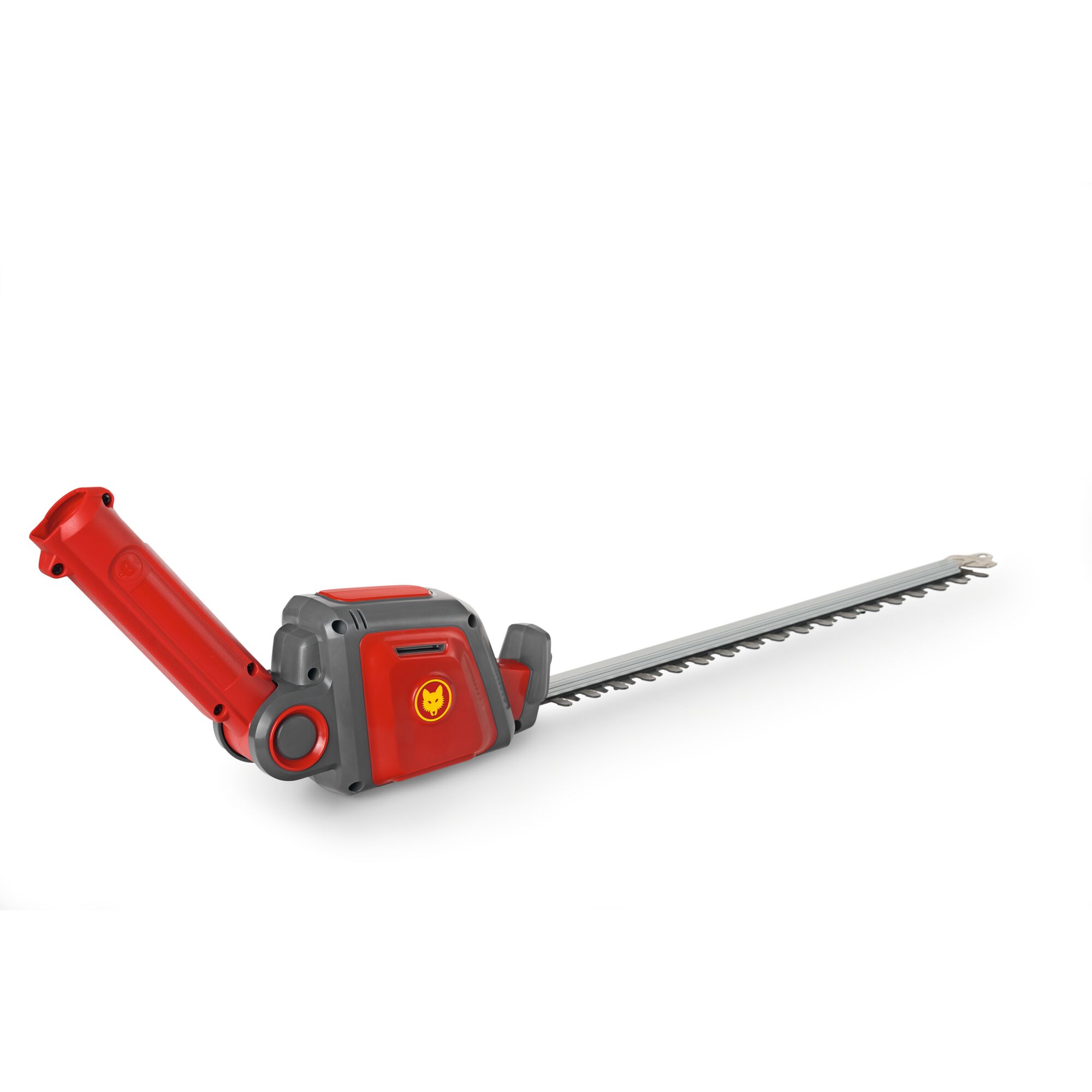 A red and grey electric hedge trimmer with a long, sharp blade and ergonomic handle, designed for garden maintenance. The product features the WOLFGarten logo on its side.