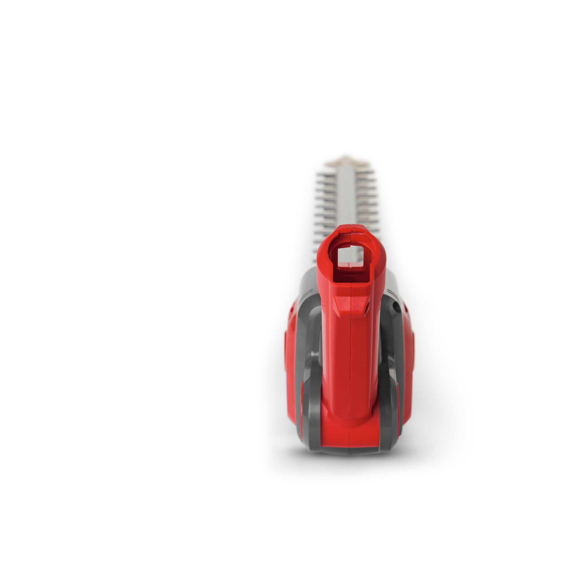 Close-up front view of a WOLFGarten gardening tool, featuring a red and grey handle and metal teeth, photographed against a white background.