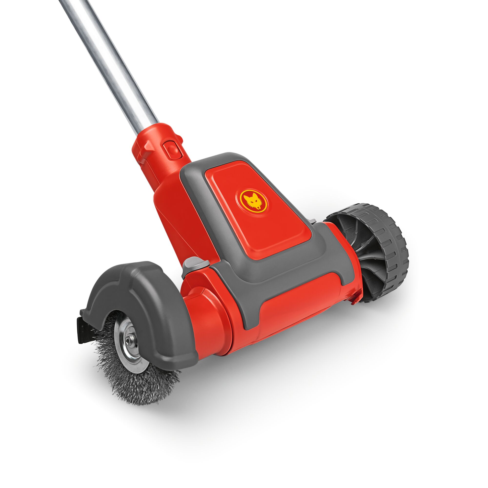 A close-up view of a red and grey WOLFGarten outdoor cleaning tool with a wire brush attachment and wheels, designed for cleaning surfaces such as patios or driveways.