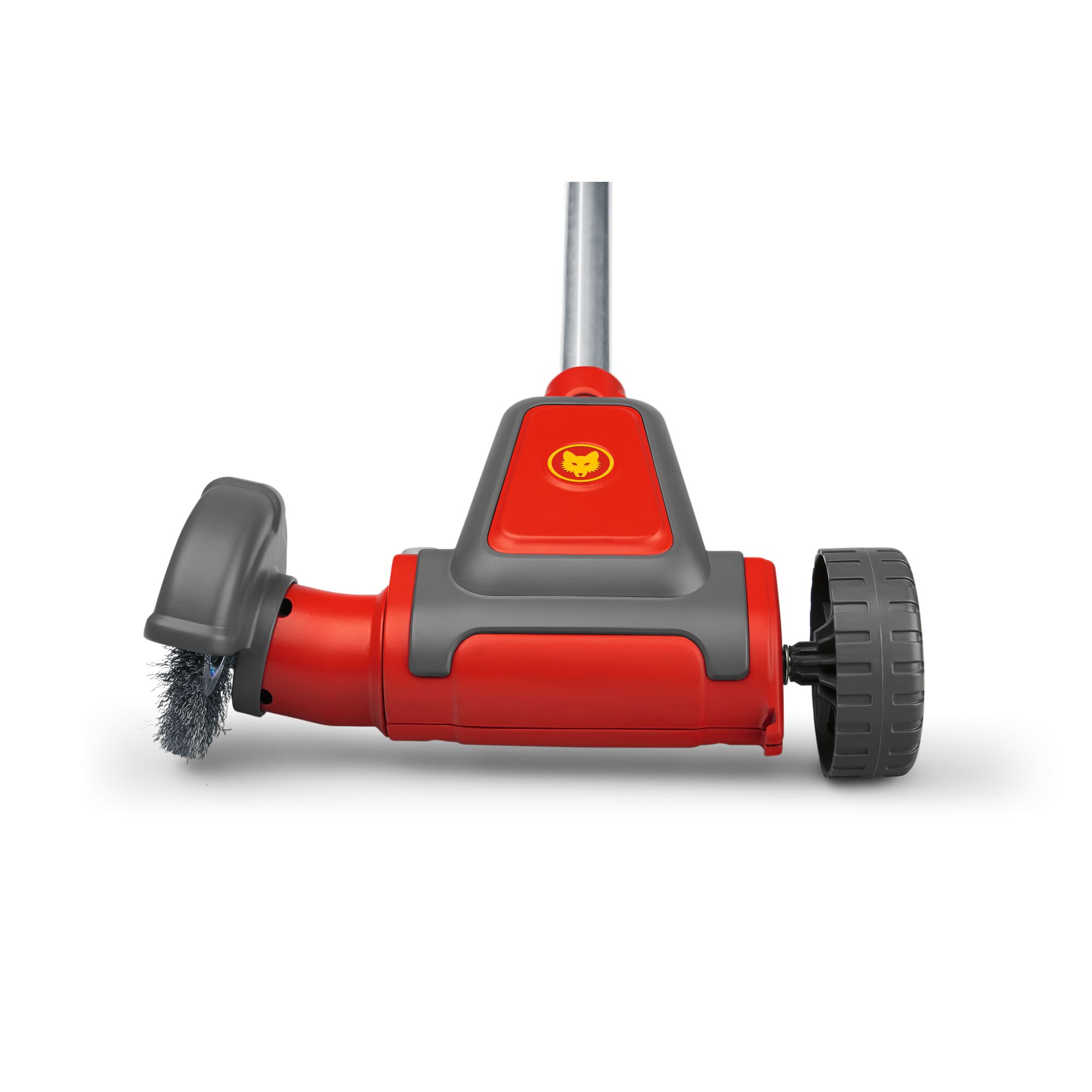A red and gray WOLFGarten gardening tool with a metal brush, wheel, and handle, designed for cleaning outdoor surfaces.