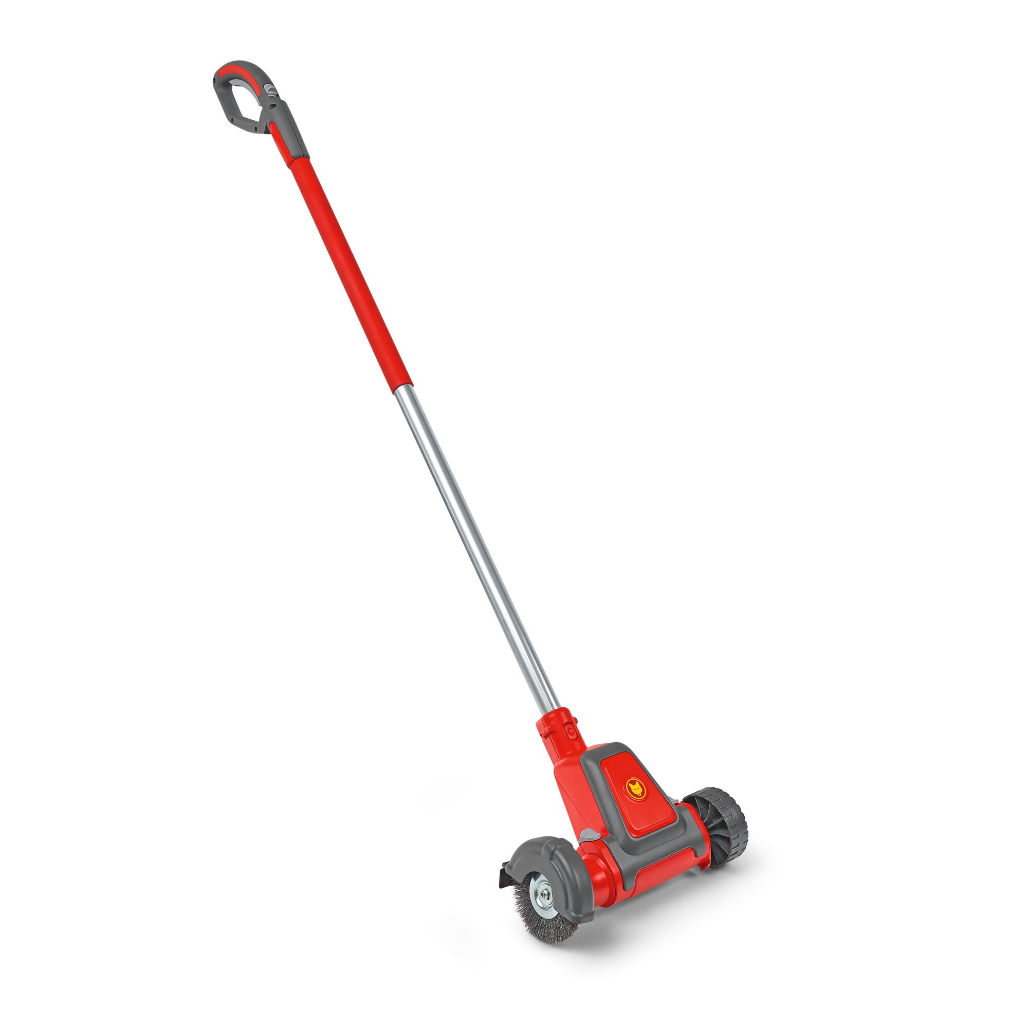 A red and grey electric garden tool with a long handle and two wheels, designed for cleaning or edging outdoor surfaces.