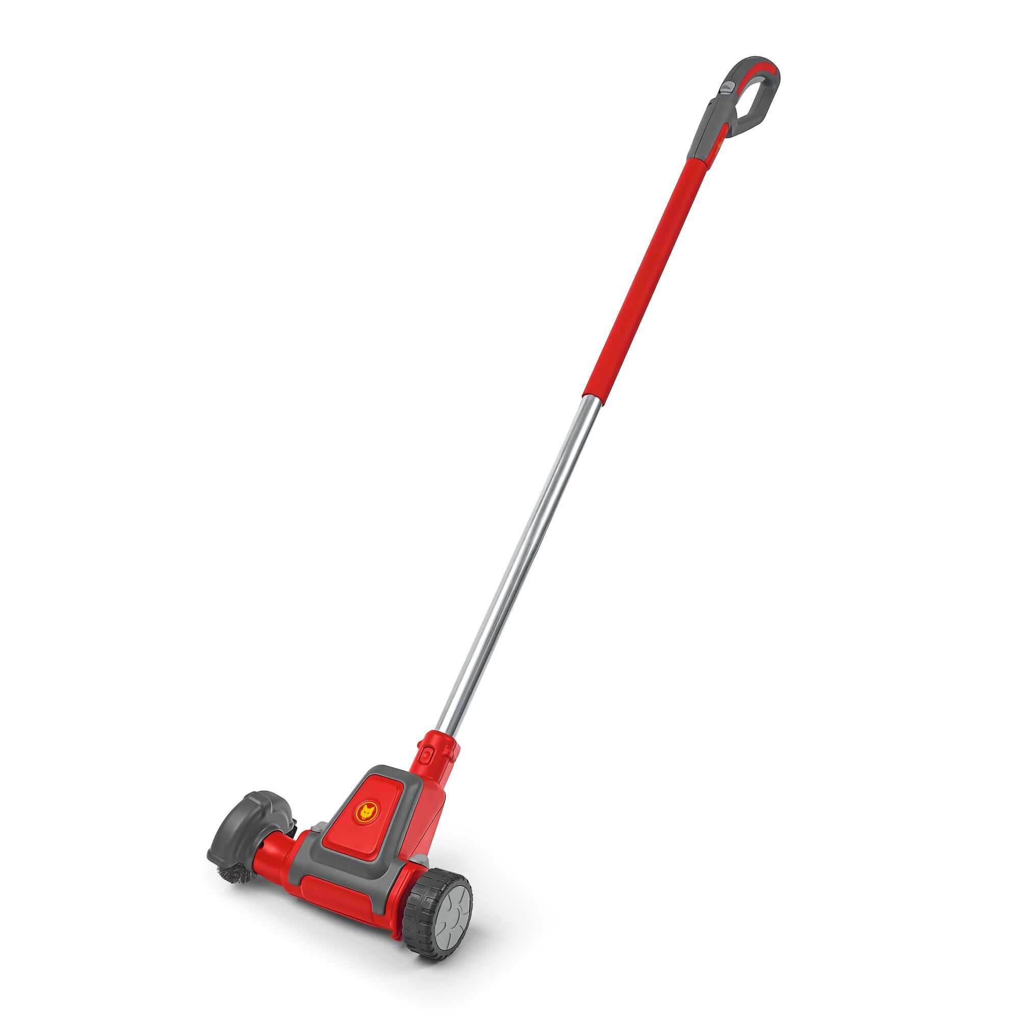 A red and grey garden tool with a long handle and two wheels, designed for lawn edging.