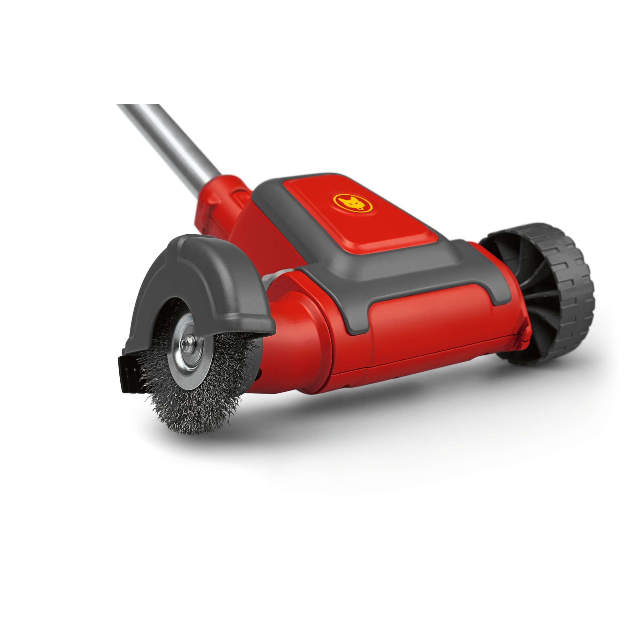 A close-up view of a WOLFGarten garden tool with a red and grey body, two wheels, and a circular wire brush attachment for cleaning outdoor surfaces.