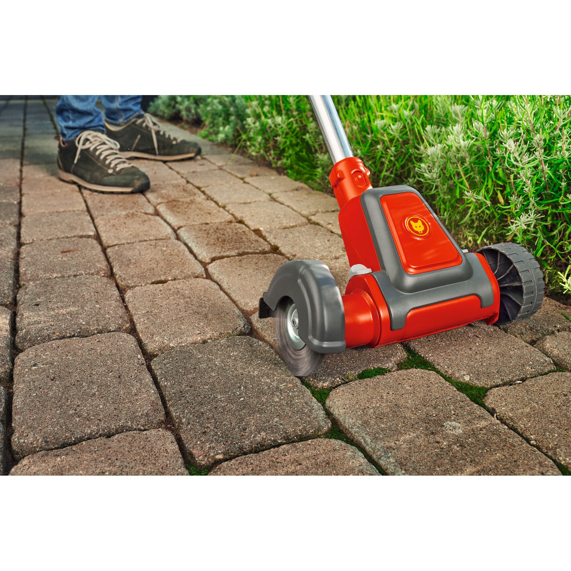 A close-up view of a WOLFGarten garden tool being used to clean moss and dirt from the gaps between stone paving blocks, with a person wearing outdoor shoes standing nearby.