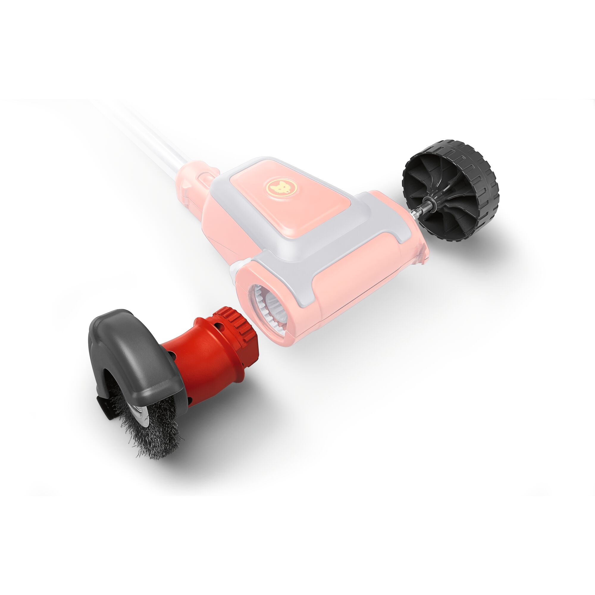 A close-up image of a WOLFGarten garden tool attachment featuring a circular wire brush and a wheel accessory. The main housing of the tool is shown faded, highlighting the interchangeable parts for cleaning and edging tasks.
