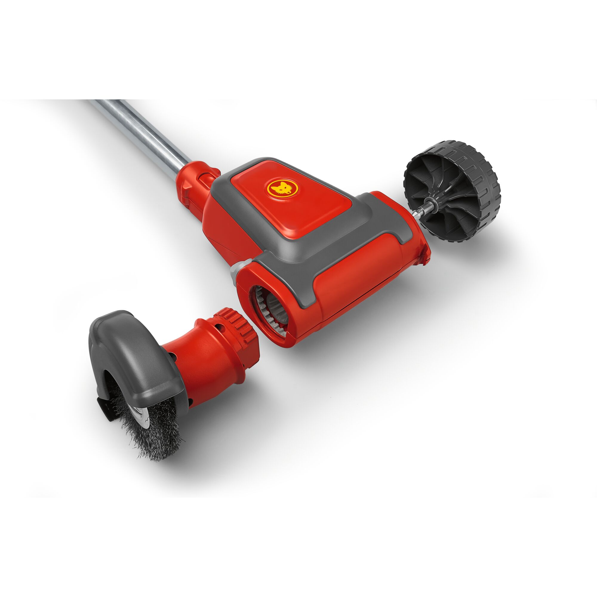 A close-up image of a WOLFGarten garden tool attachment with a red and grey body, featuring a rotating brush and wheel, designed for cleaning outdoor surfaces.