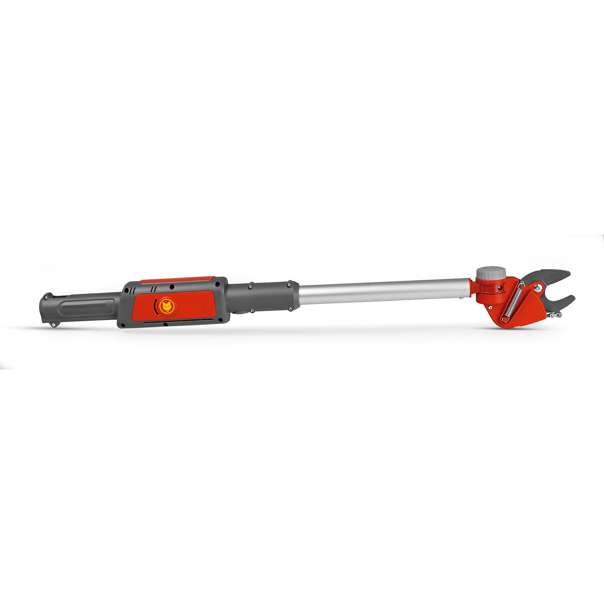 A telescopic pruning tool with a red and gray handle, featuring a cutting mechanism at one end, suitable for trimming branches at a distance.