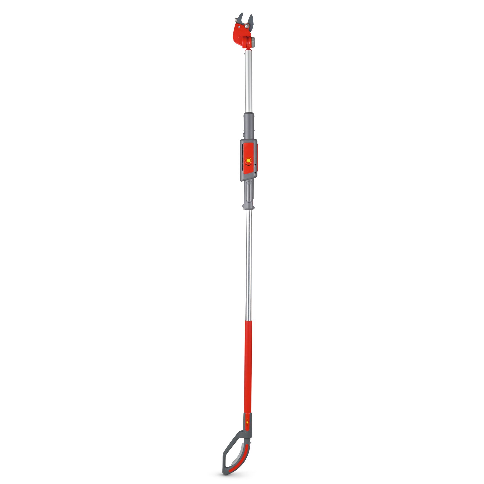 A long-handled, extendable garden lopper with a red, grey, and silver design, suitable for pruning tall branches.