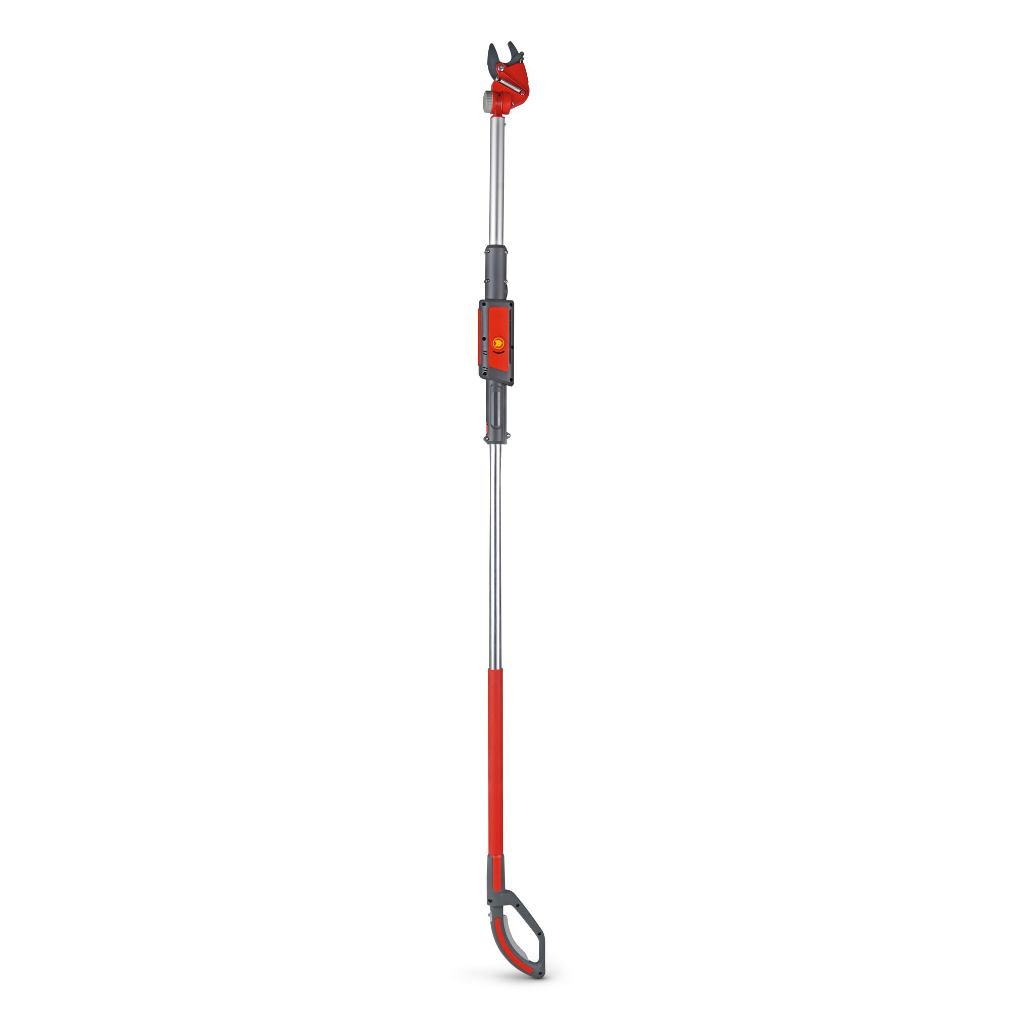 A long-handled red and silver telescopic tree pruner with a cutting head and ergonomic handle, designed for trimming branches.