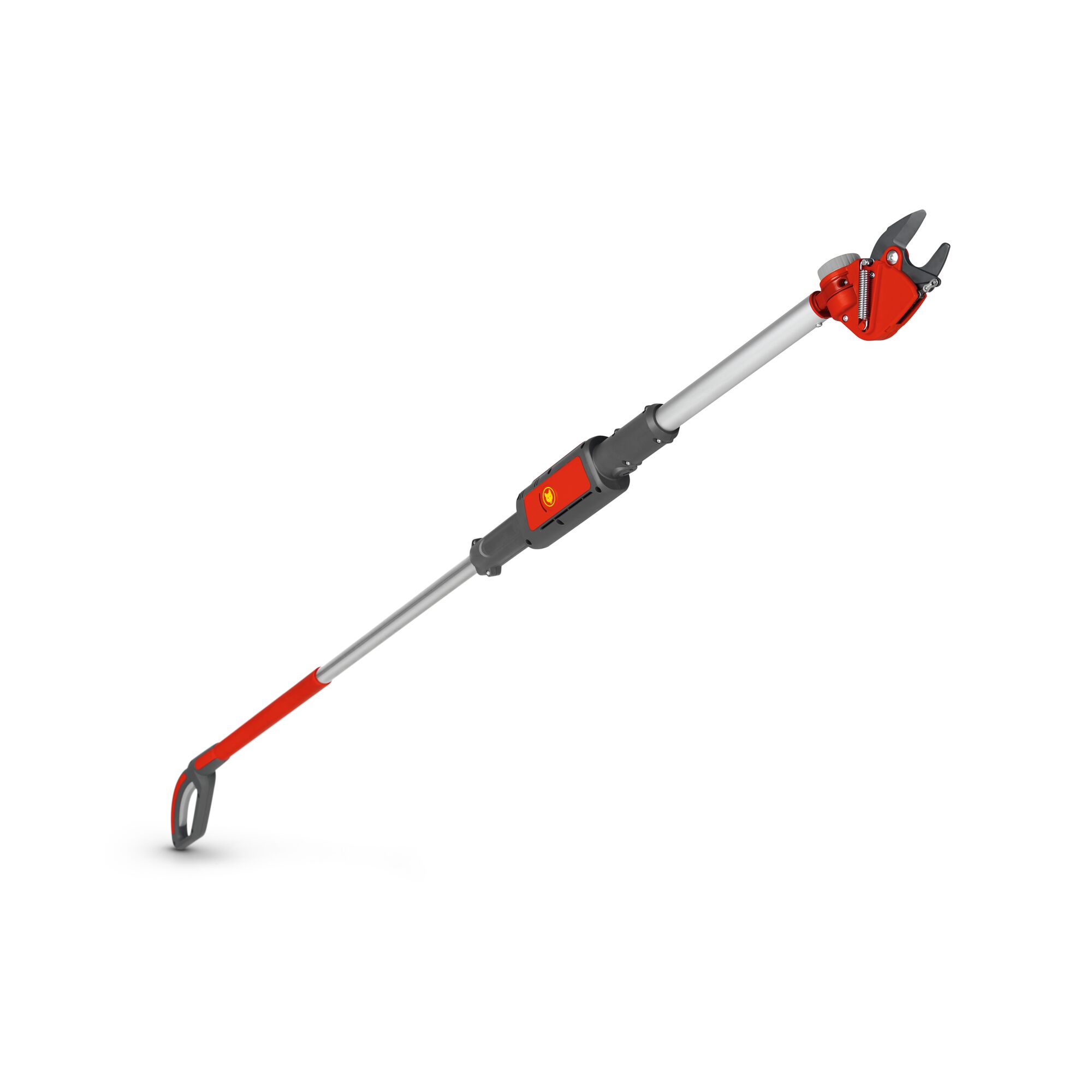 A long-handled telescopic lopper with a red and grey design, used for trimming branches, shown isolated on a white background.