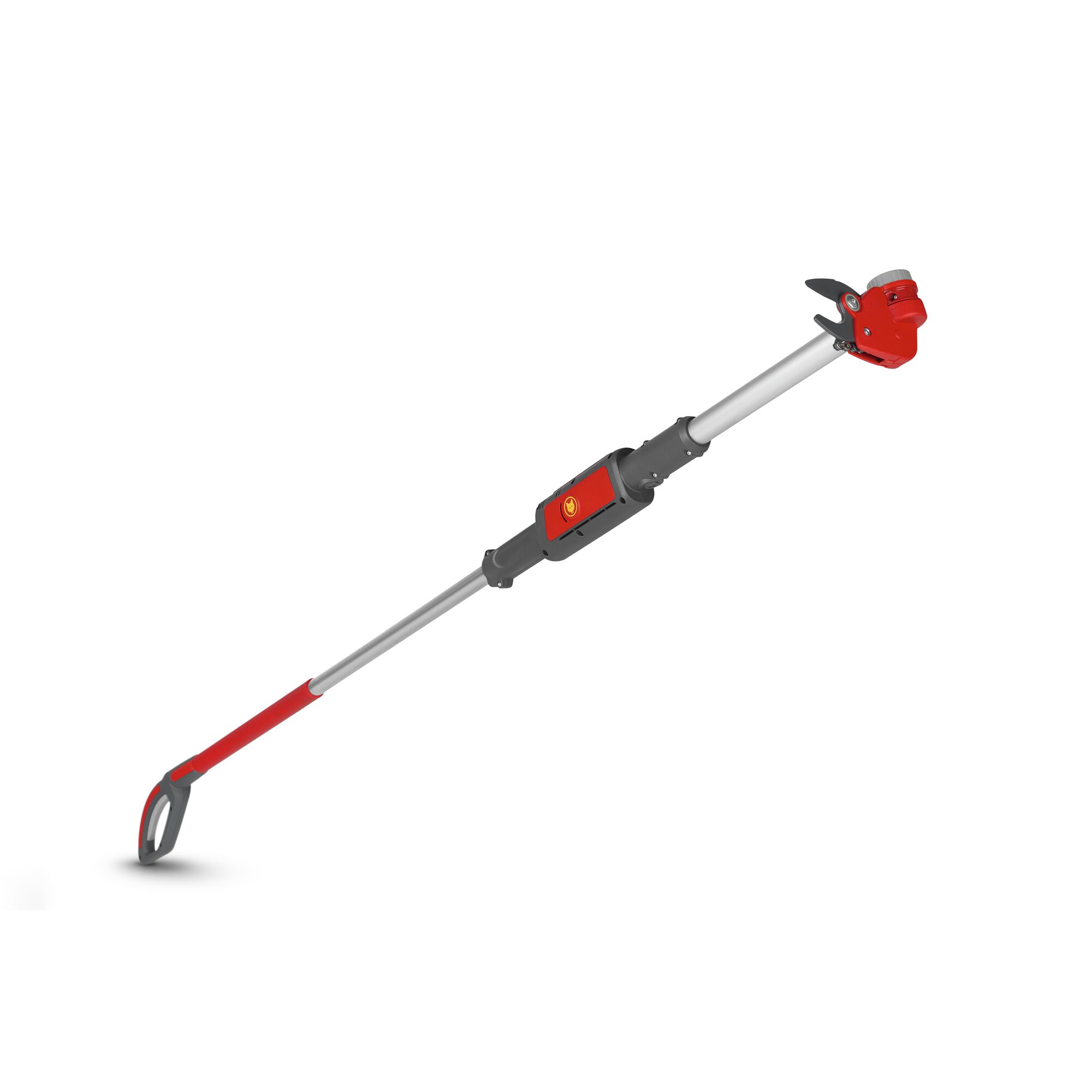 A WOLF-Garten telescopic tree pruner with a red and grey handle and adjustable cutting head, designed for pruning branches at height.