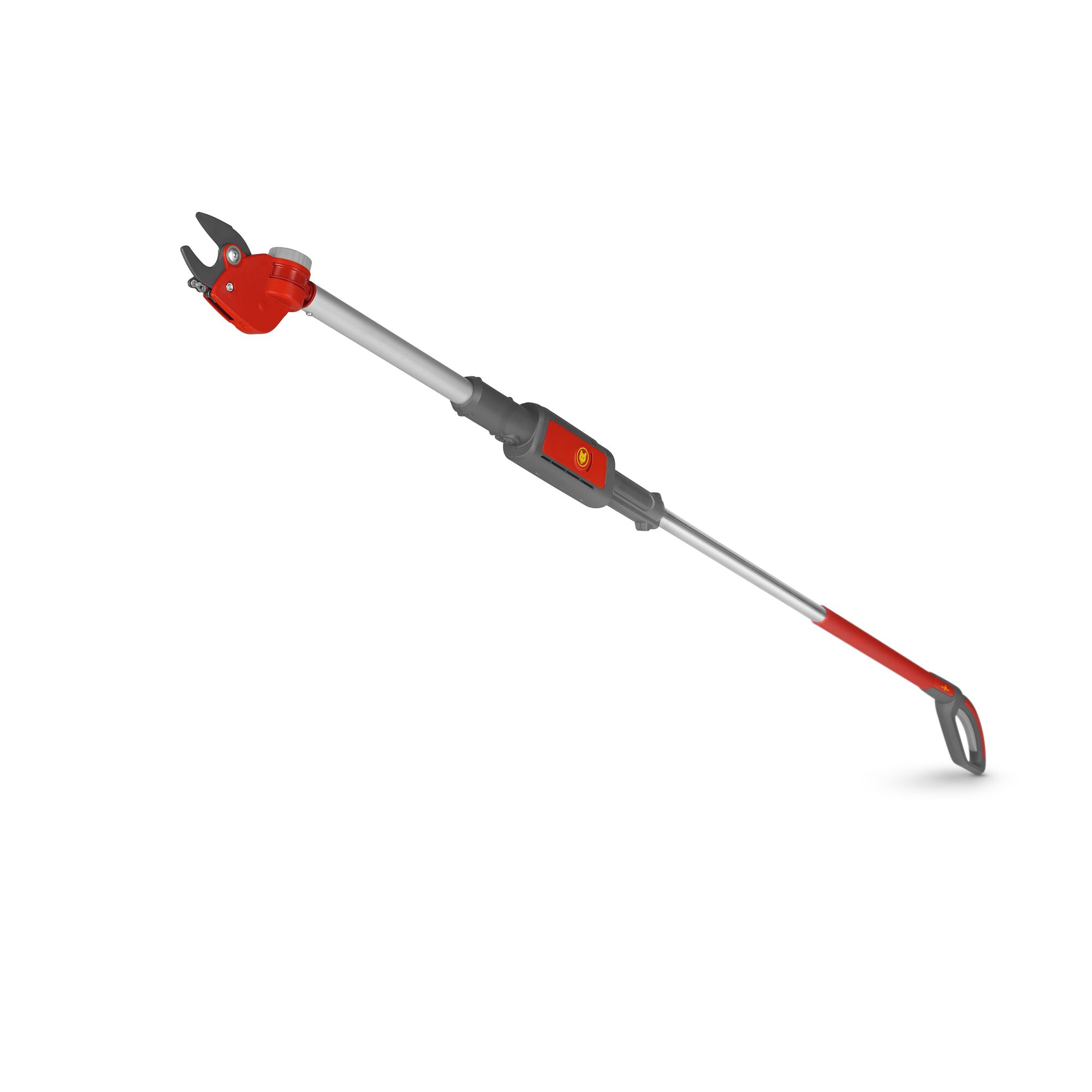 A telescopic pole pruner with a red and grey handle and cutting head, designed for trimming branches at height.