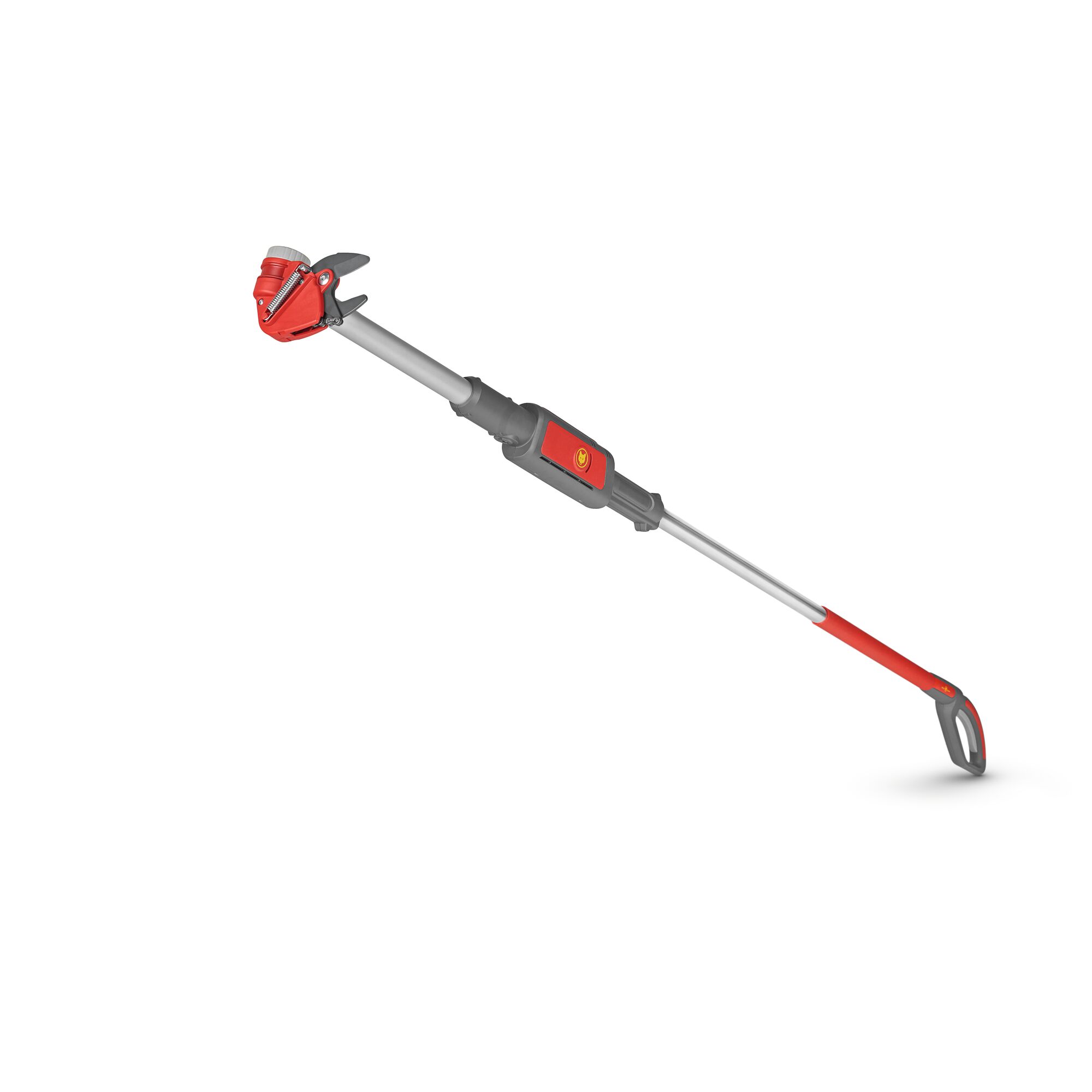 A telescopic pruning tool with a red and grey handle, featuring a cutting mechanism at the tip, designed for trimming branches at height.