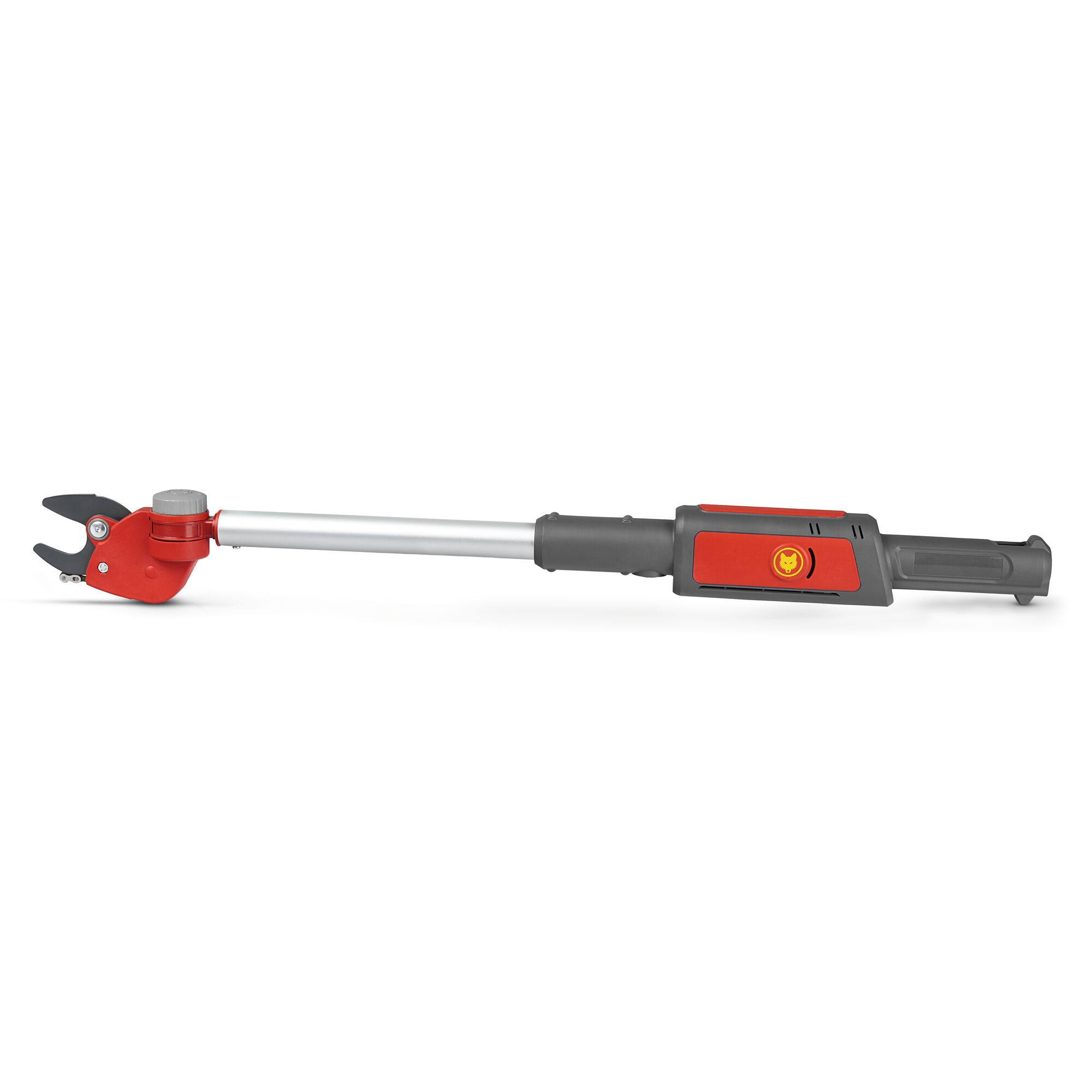 A telescopic electric pruning lopper with a red and gray handle, designed for cutting branches, shown against a white background.