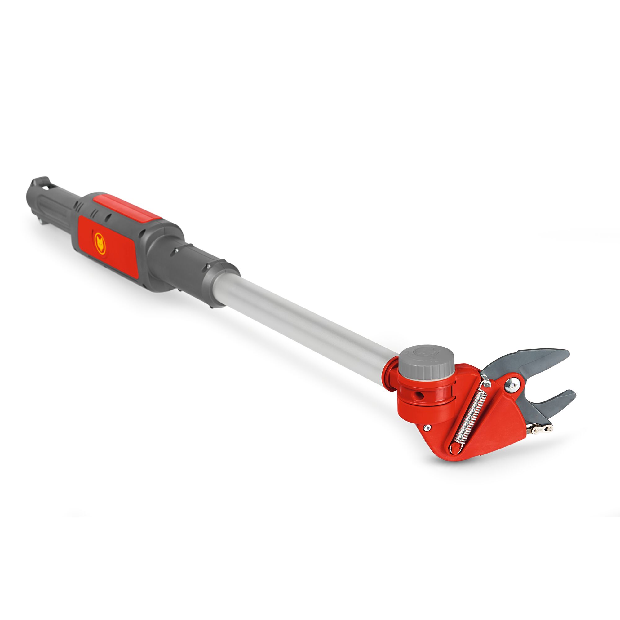 A WOLFGarten telescopic electric lopper with a red and gray handle and cutting head, used for pruning branches at height.