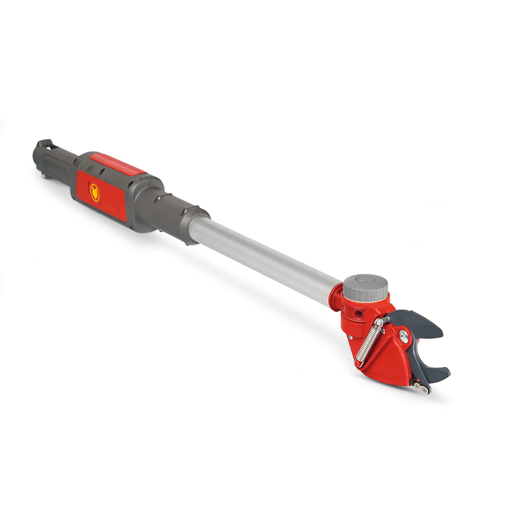 Telescopic red and grey tree pruner with a cutting head, featuring a yellow logo and an adjustable handle, designed for trimming branches.