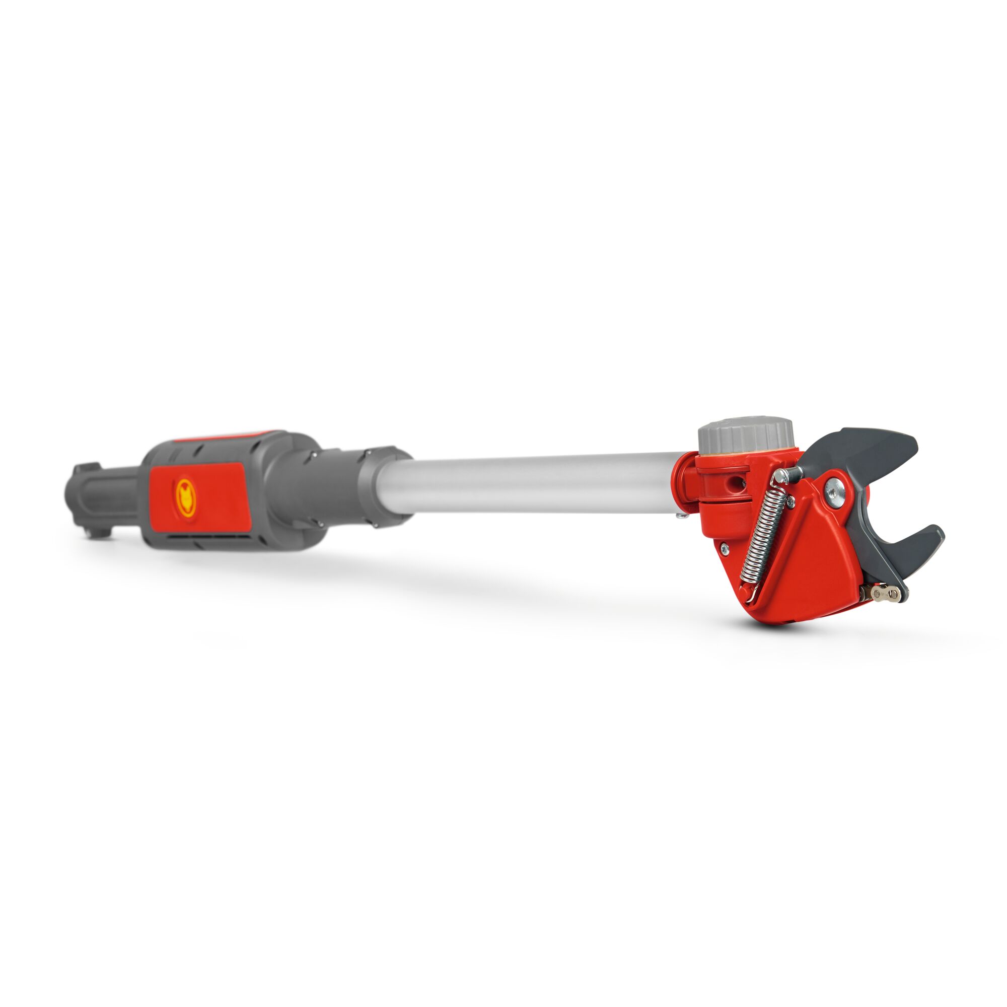 A WOLFGarten telescopic pruning tool with a grey handle and red cutting head, designed for gardening and tree trimming.