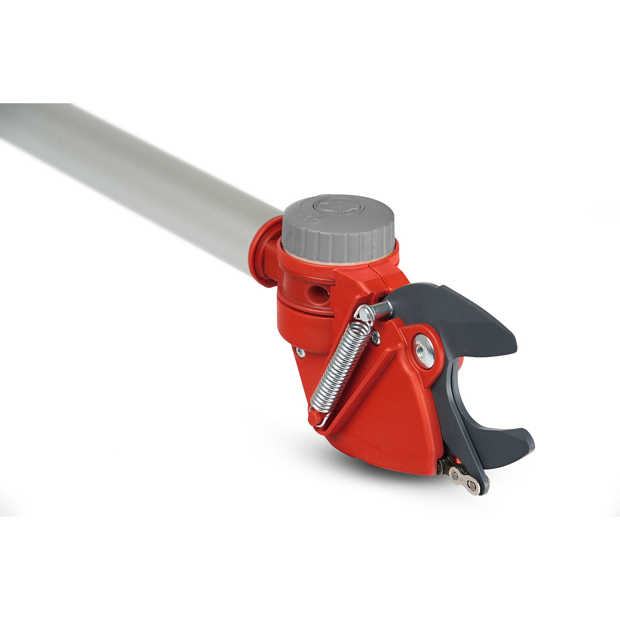 Close-up of a WOLFGarten pruning tool with a red and grey metal handle and sharp black cutting blades, designed for gardening and trimming branches.
