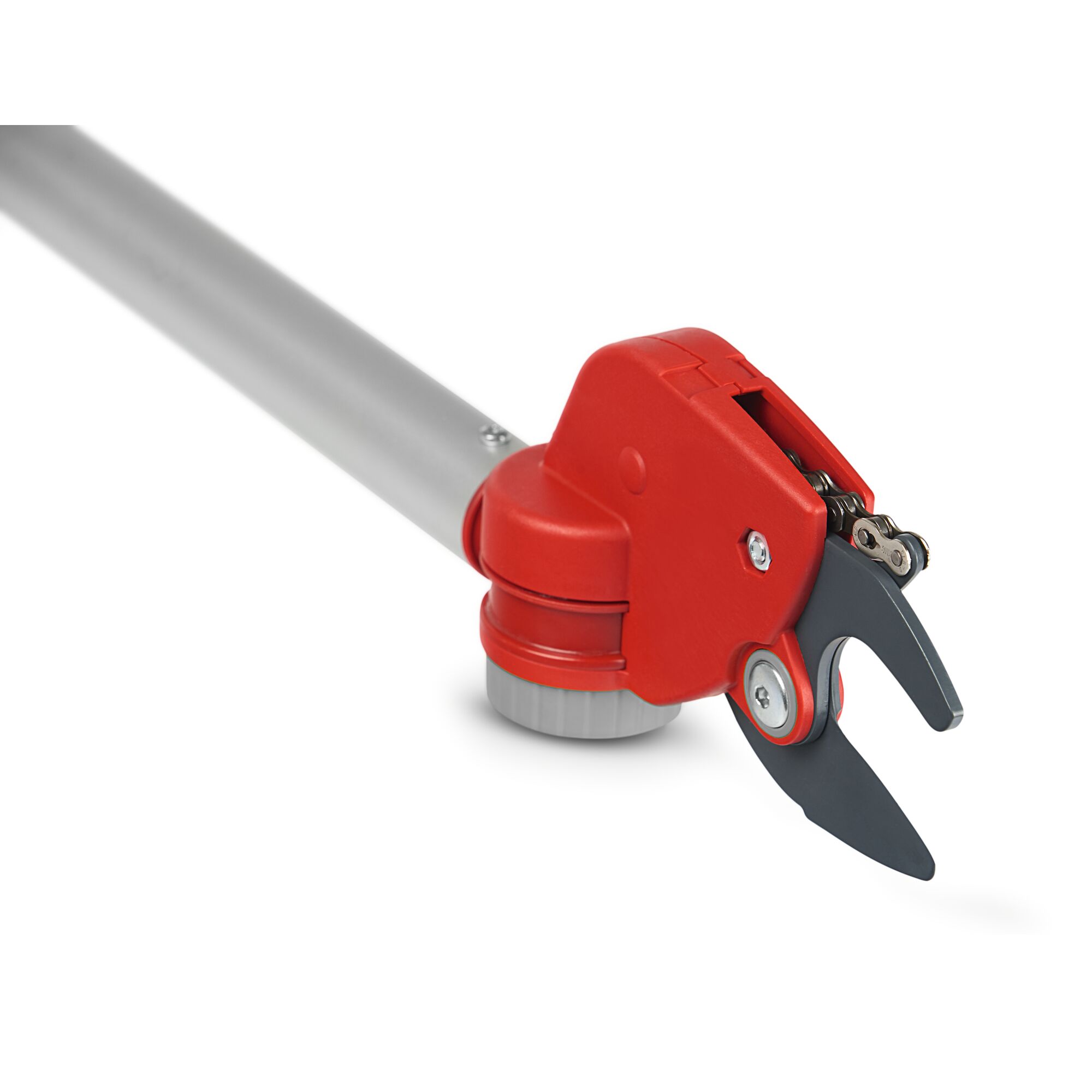 Close-up of a WOLFGarten pole pruner with red and black cutting head attached to a silver pole, suitable for trimming branches.