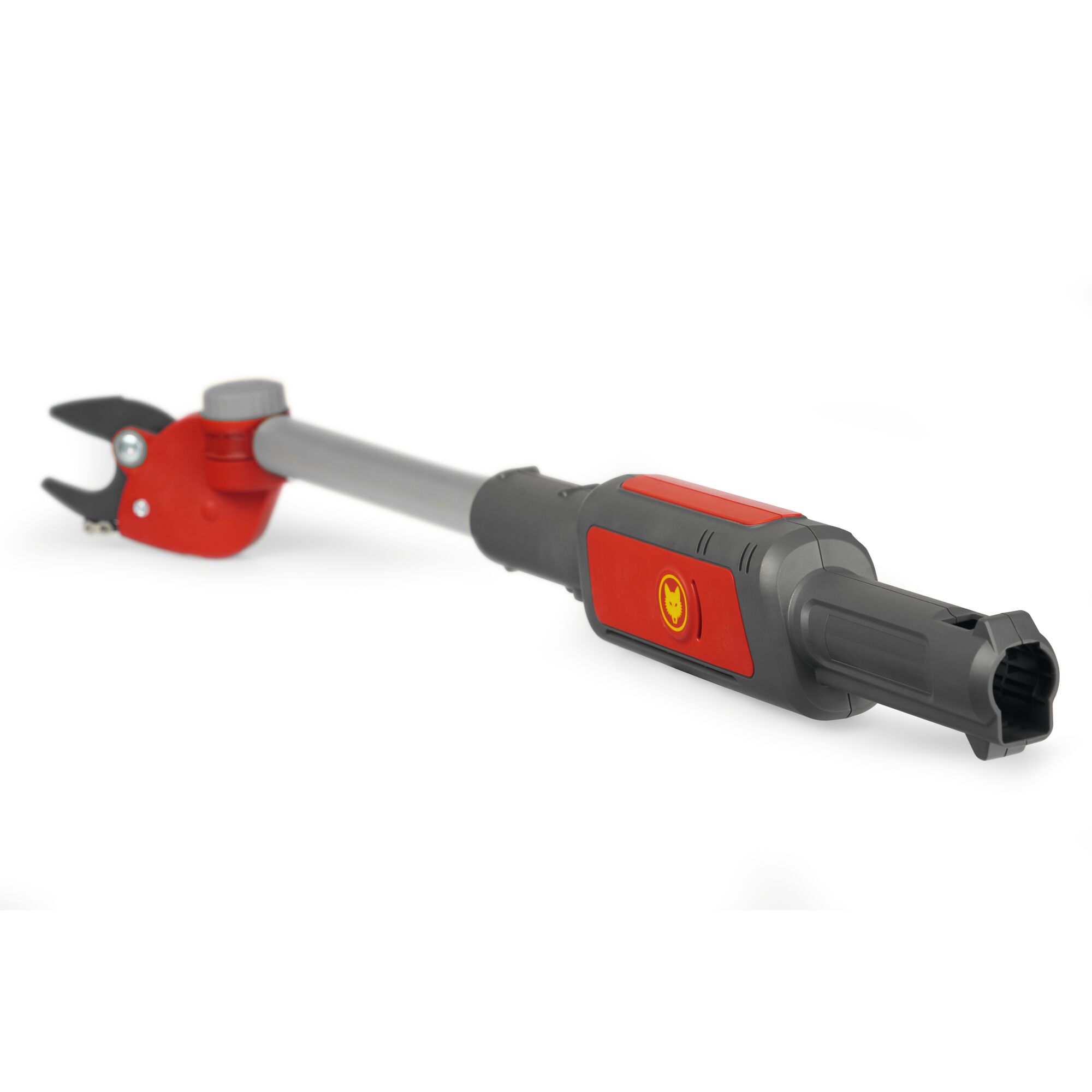 A WolfGarten extendable lopper with a gray and red handle and black cutting blade, designed for pruning branches at a distance.
