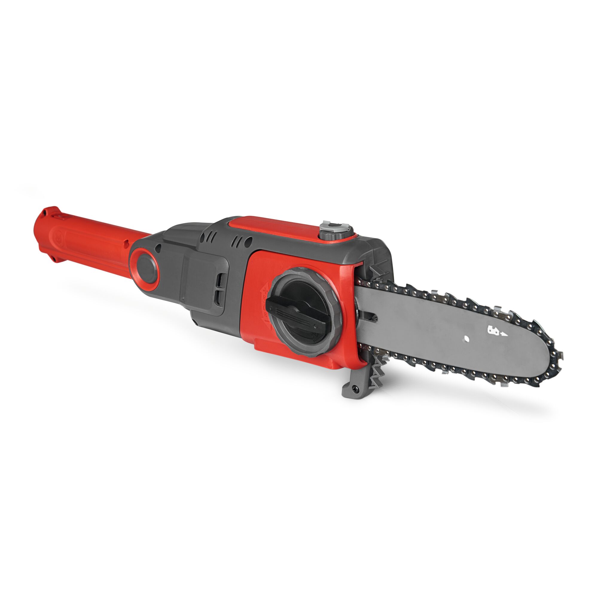 A red and black electric chainsaw attachment, designed for garden tools, with a visible chain blade and adjustment knob.