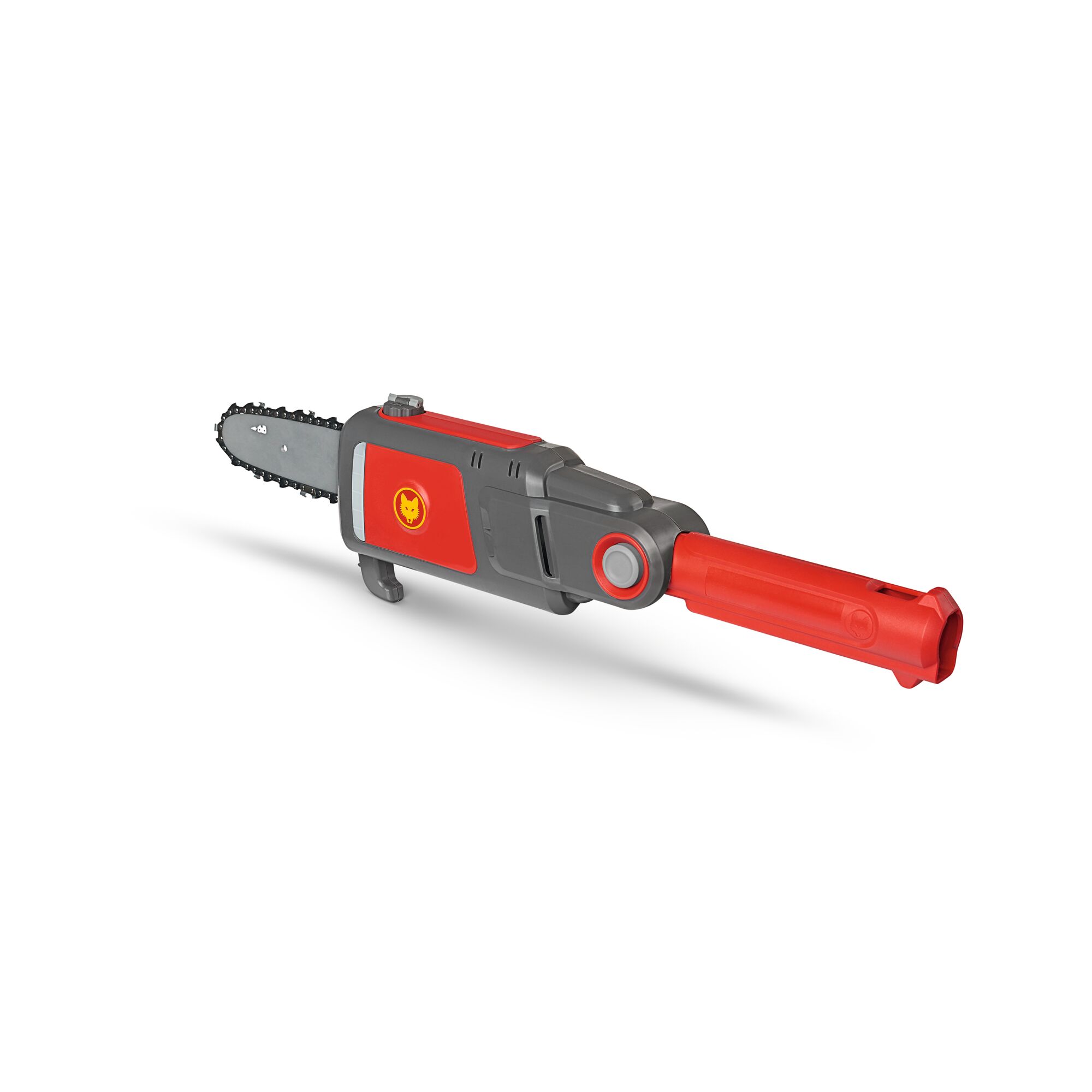 A WOLFGarten pole chainsaw attachment, primarily red and grey, shown isolated on a white background. The product has a short chainsaw blade designed for use with a compatible pole for cutting branches.