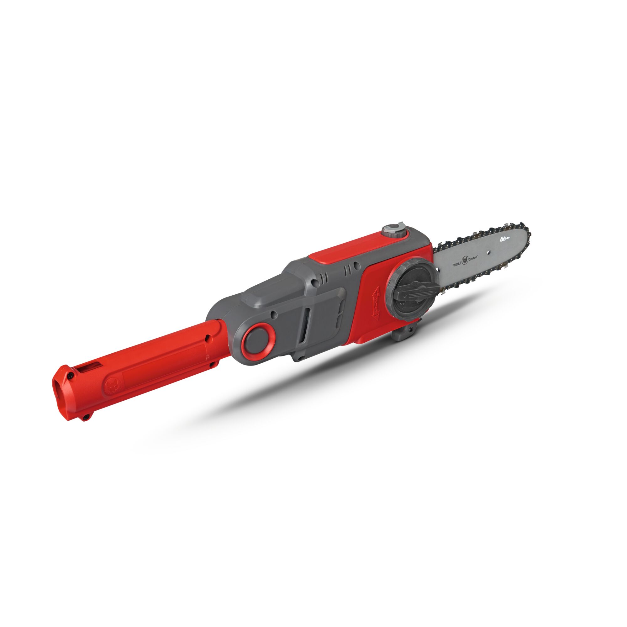 A red and gray electric chainsaw attachment with a compact saw blade, designed for garden tools.