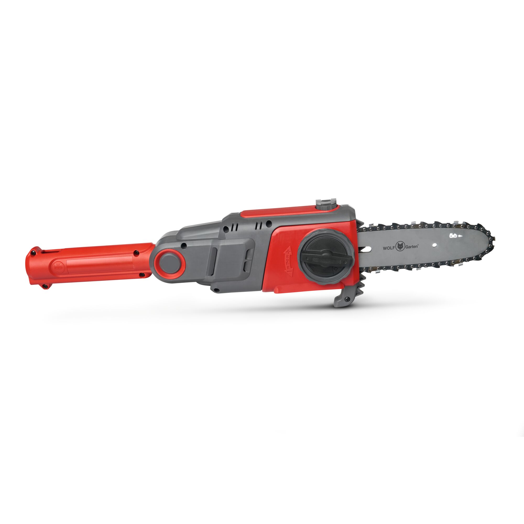 A red and grey WOLFGarten chainsaw attachment with a visible chain and blade, designed for garden and tree maintenance.