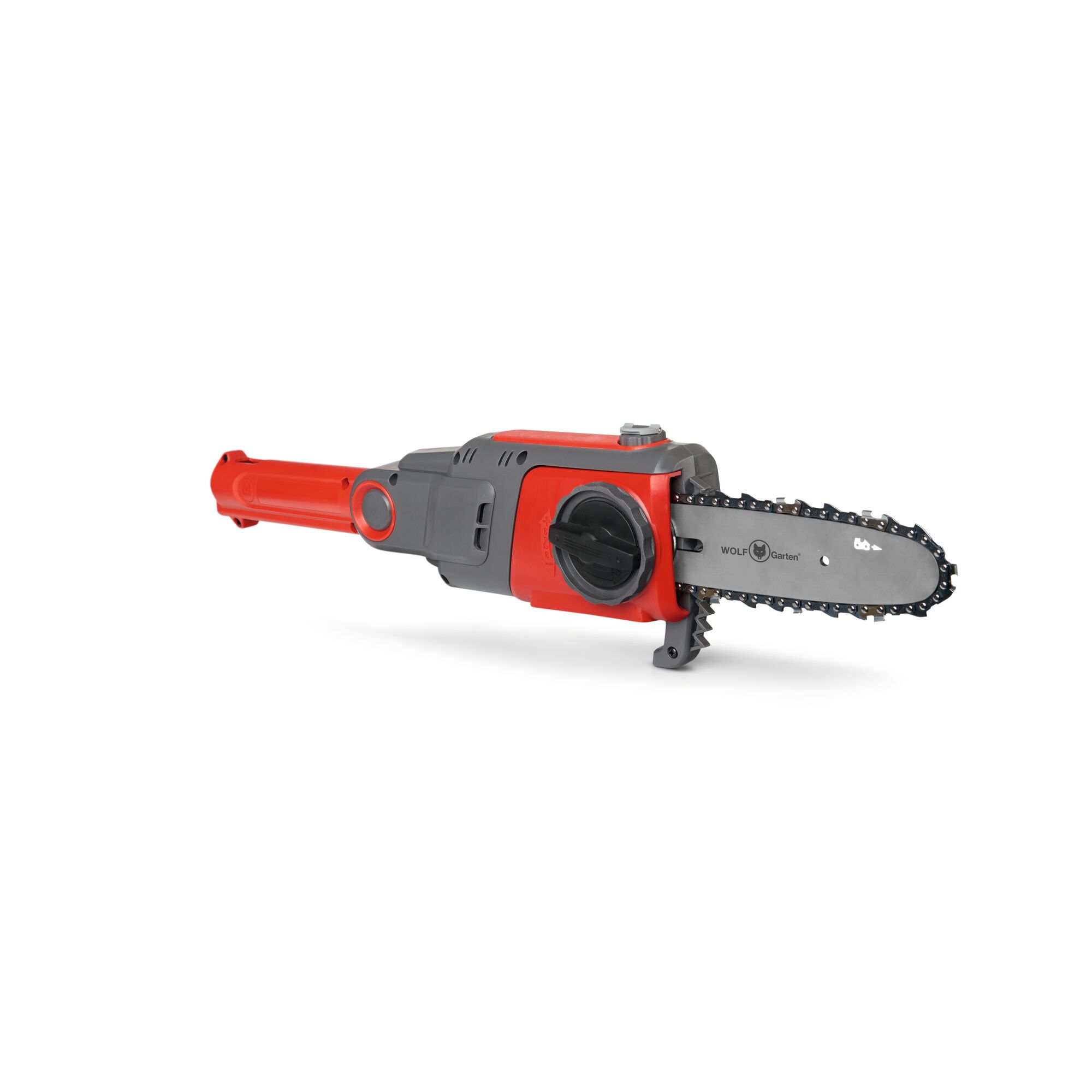 A WOLFGarten attachment chainsaw with a red and grey body, designed for use with compatible gardening tools.